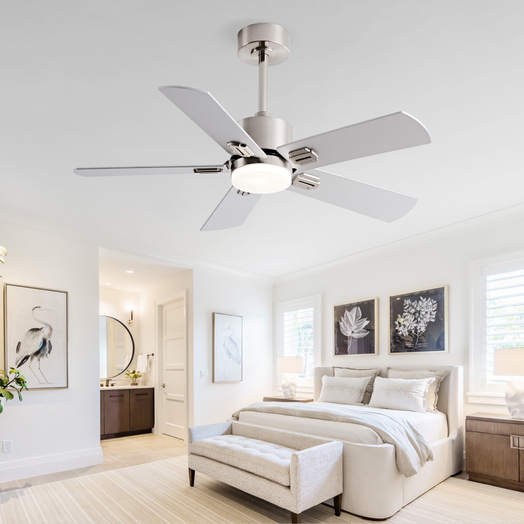 YOTOO 42 Inch Ceiling Fan with Light 5 Reversible Dual Sided Plywood Blades 6 Speed DC Quiet Motor Remote Control 2 Downrods Supports 15 Degree Sloped Ceiling for Bedroom Living Room