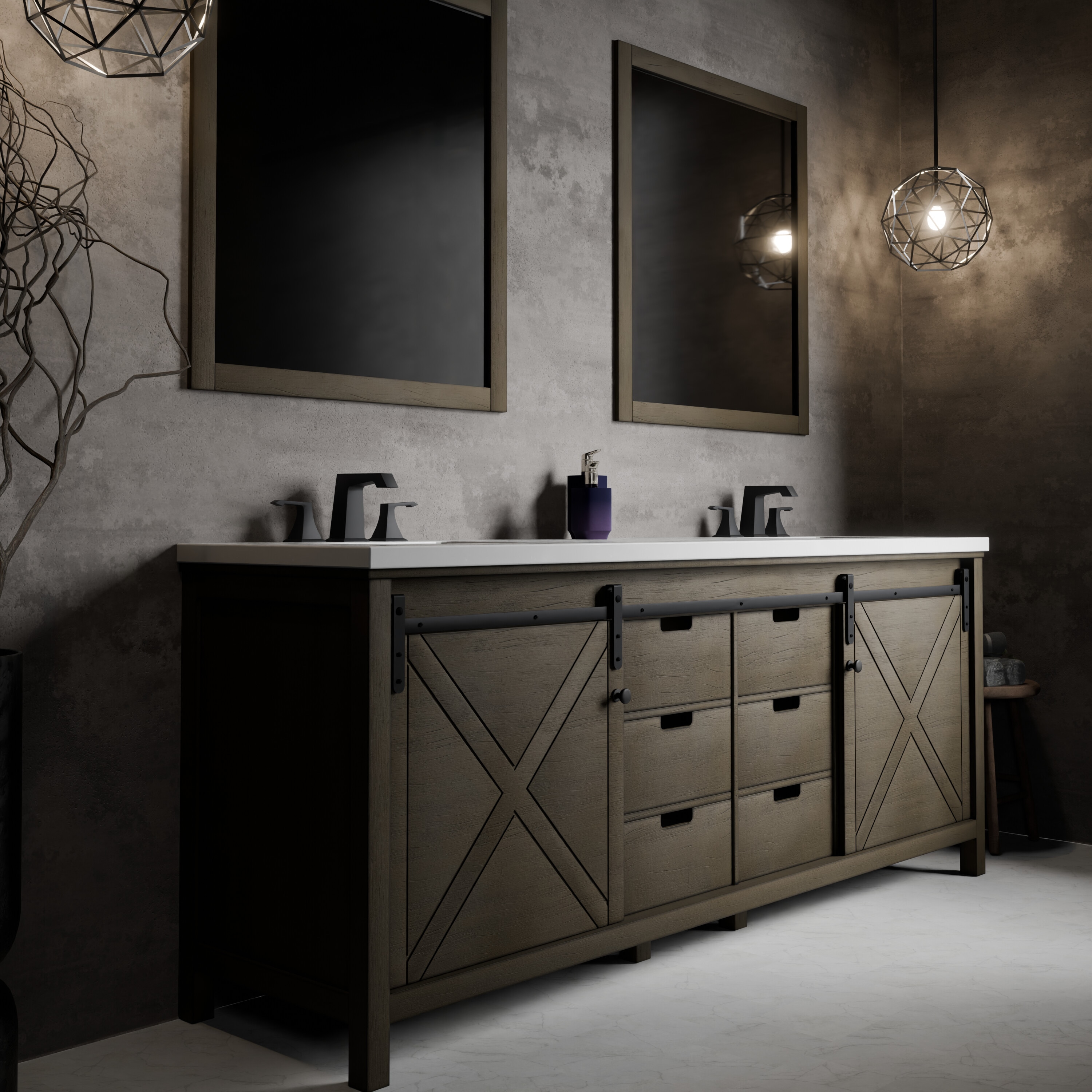 Lexora LM342284DKCSM34F Marsyas 84-in Rustic Brown Undermount Double Sink Bathroom Vanity with White Quartz Quartz Top (Mirror Included) (Faucet Included)
