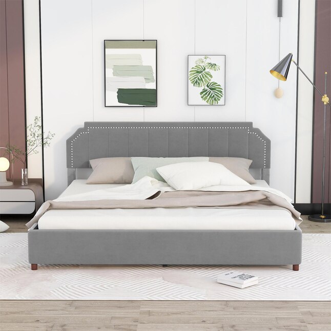 Qualler Gray King Upholstered Platform Bed with Storage in the Beds ...