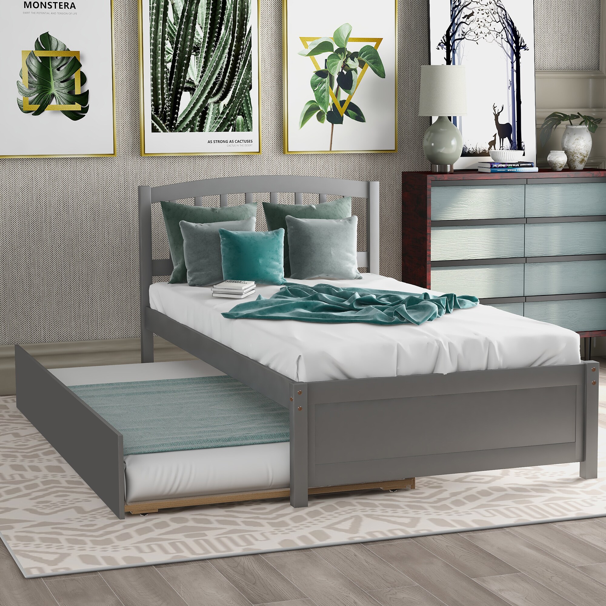 ModernLuxe WF194302AAE Twin size Platform Bed Wood Bed Frame with Trundle Gray