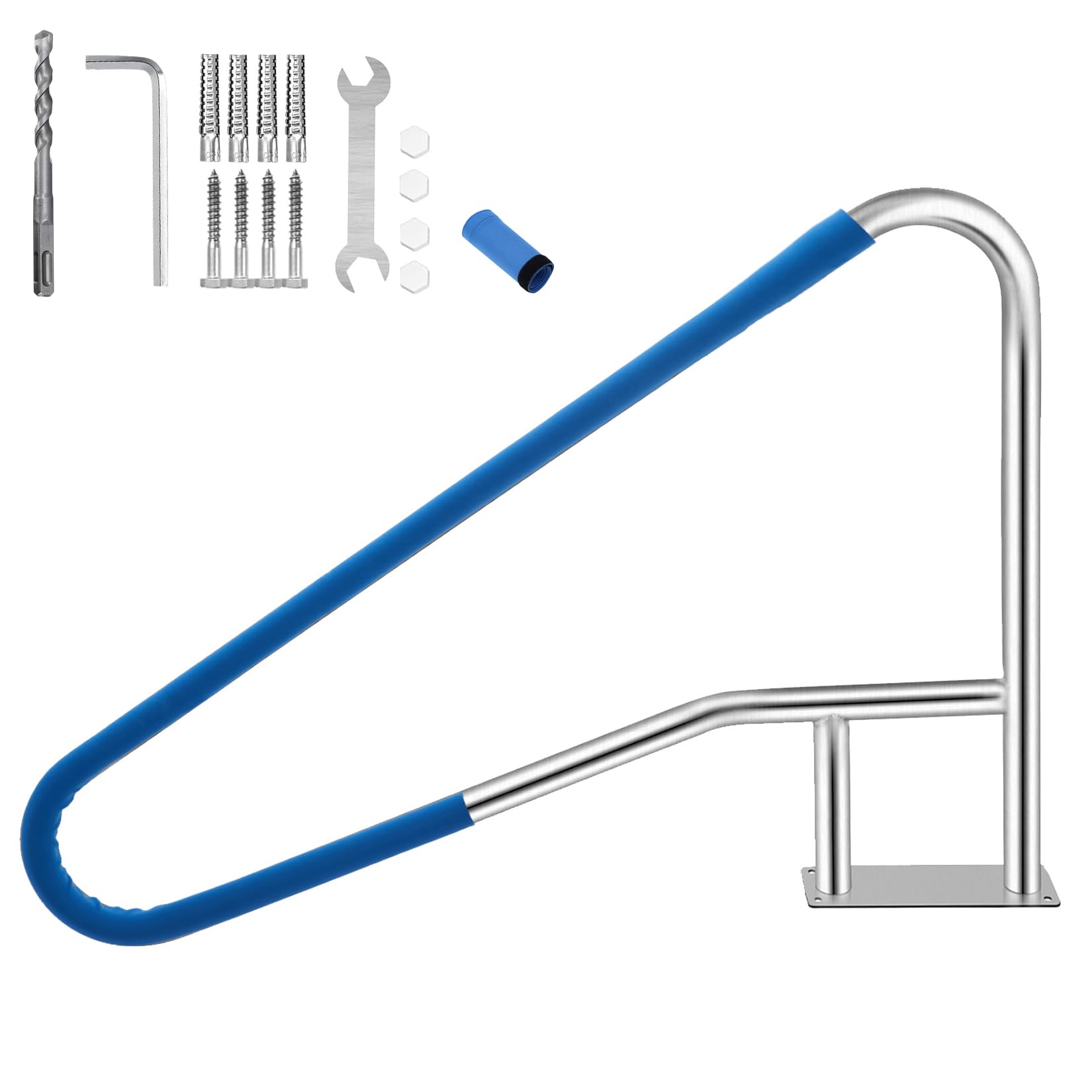 IdealHouse 55 x 32 Inches Inground Pool Handrail - 304 Stainless Steel Safety Rail with Non-Slip Blue Grip - 375 lbs - Quick Mount Base for Steps - Ideal for Home Pools Spas or Water Parks