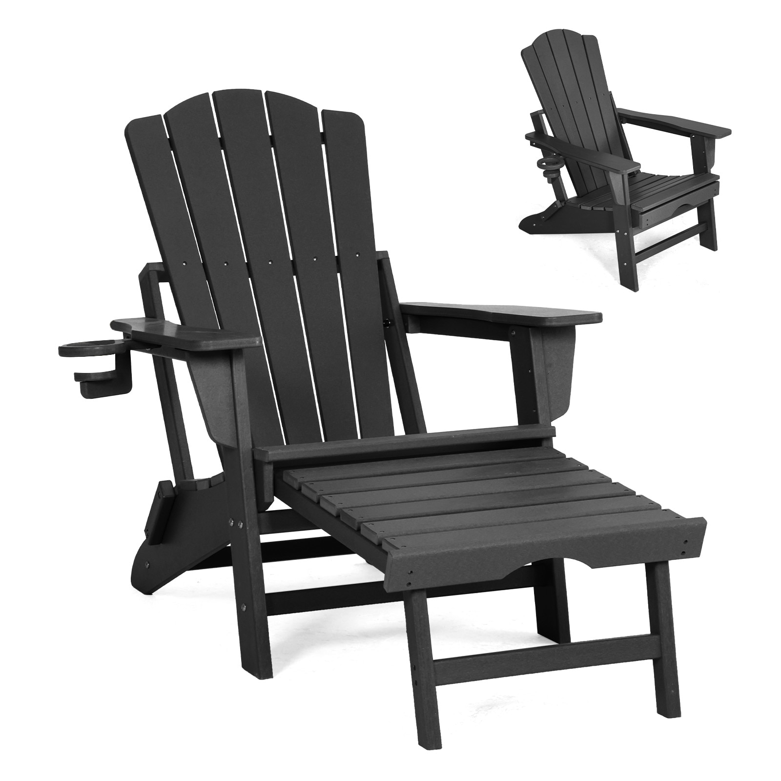GARSING AC-BLACK Adirondack Chair Stackable Black HDPE Frame Stationary Adirondack Chair with Slat Seat