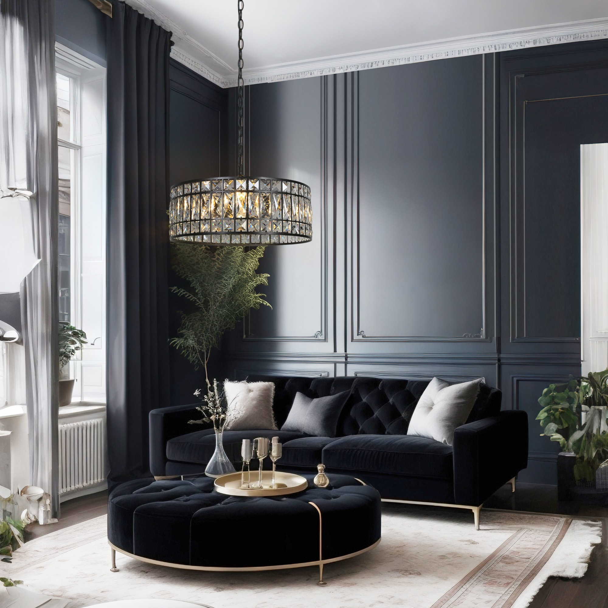 Matte Black and Crystal 18" Drum Chandelier