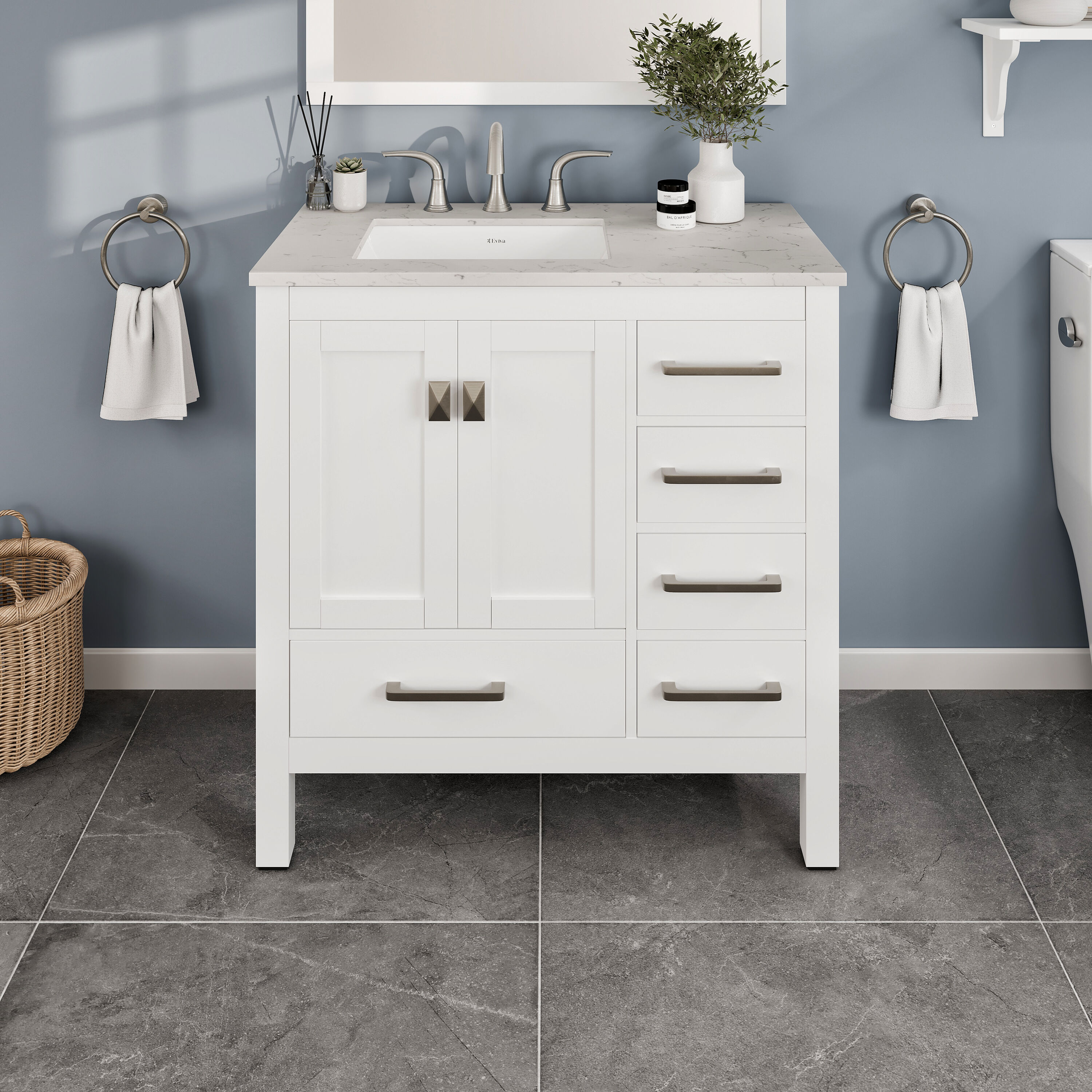 Eviva EVVN412-36WH Aberdeen 36-in White Undermount Single sink Bathroom Vanity with White Quartz Top