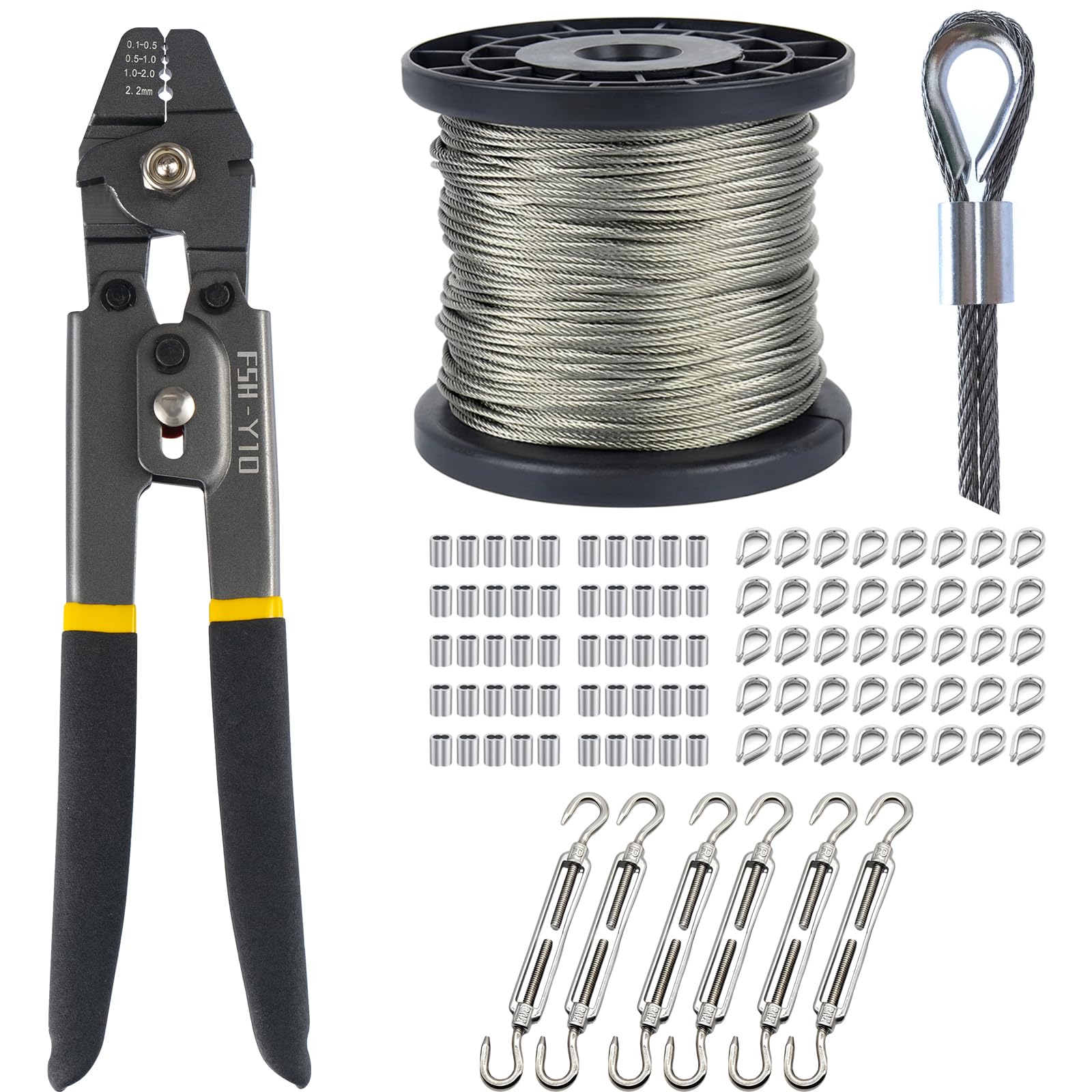 Etokfoks  1 16 in x 328 ft Stainless Steel Vinyl Coated Wire Rope with Aluminum Crimping Sleeves Thimbles Turnbuckle Kit