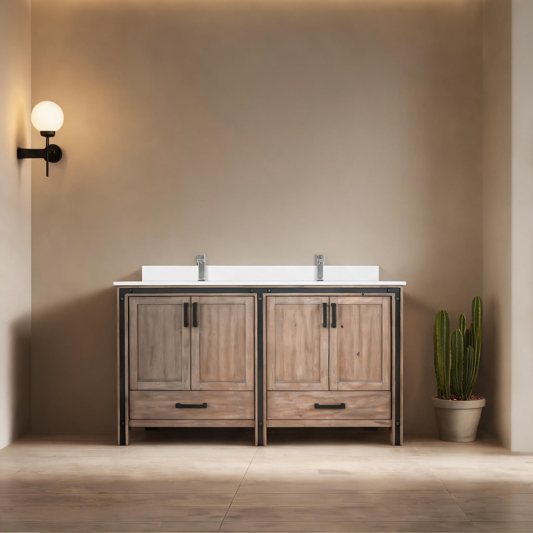 SunJet - Barnwood 60-Inch Double Bathroom Vanity with Cultured Marble Top Rustic Farmhouse Style