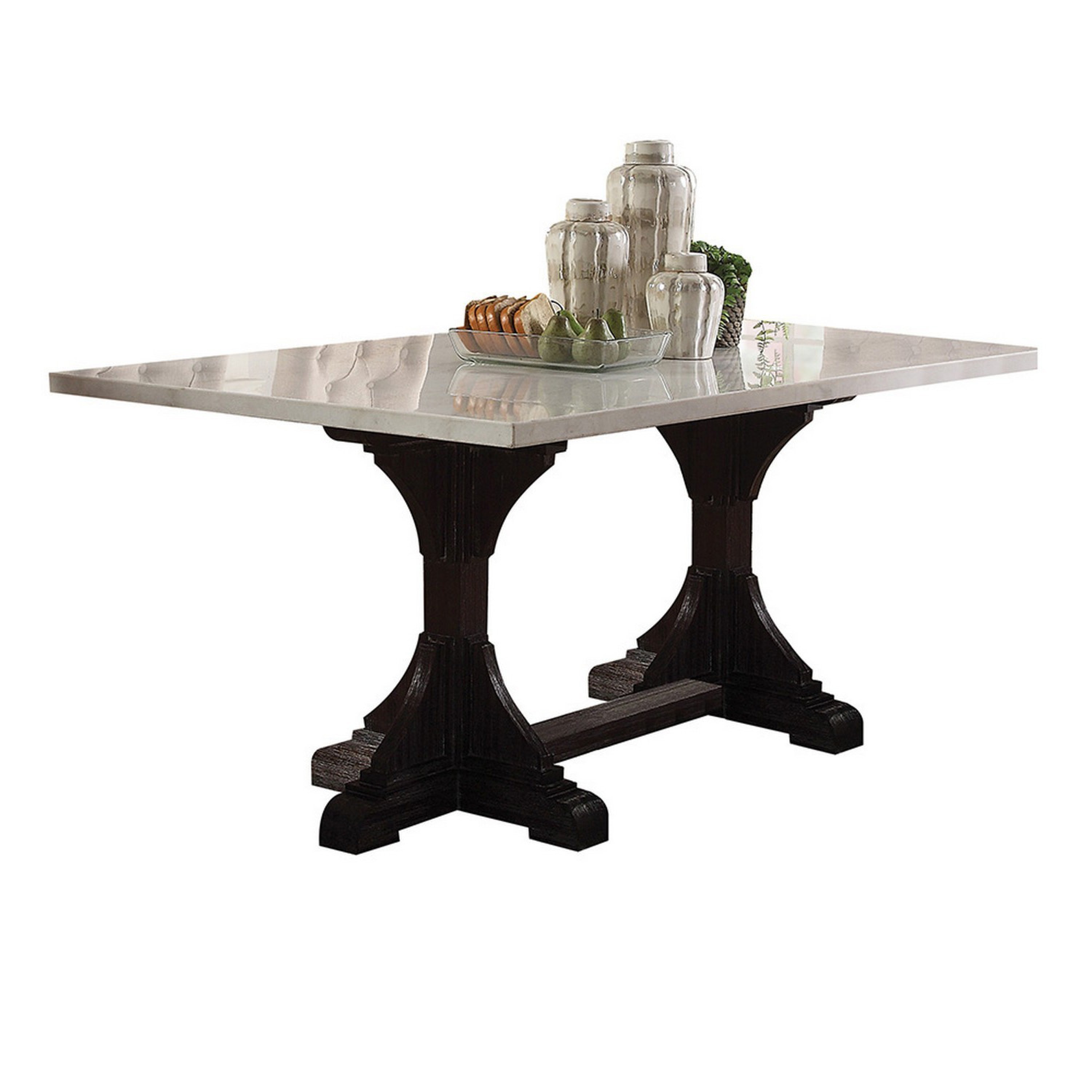 Benzara BM261793 Offwhite Contemporary/Modern Dining Table, Marble with Wood Trestle Base 40-in L x 30-in H