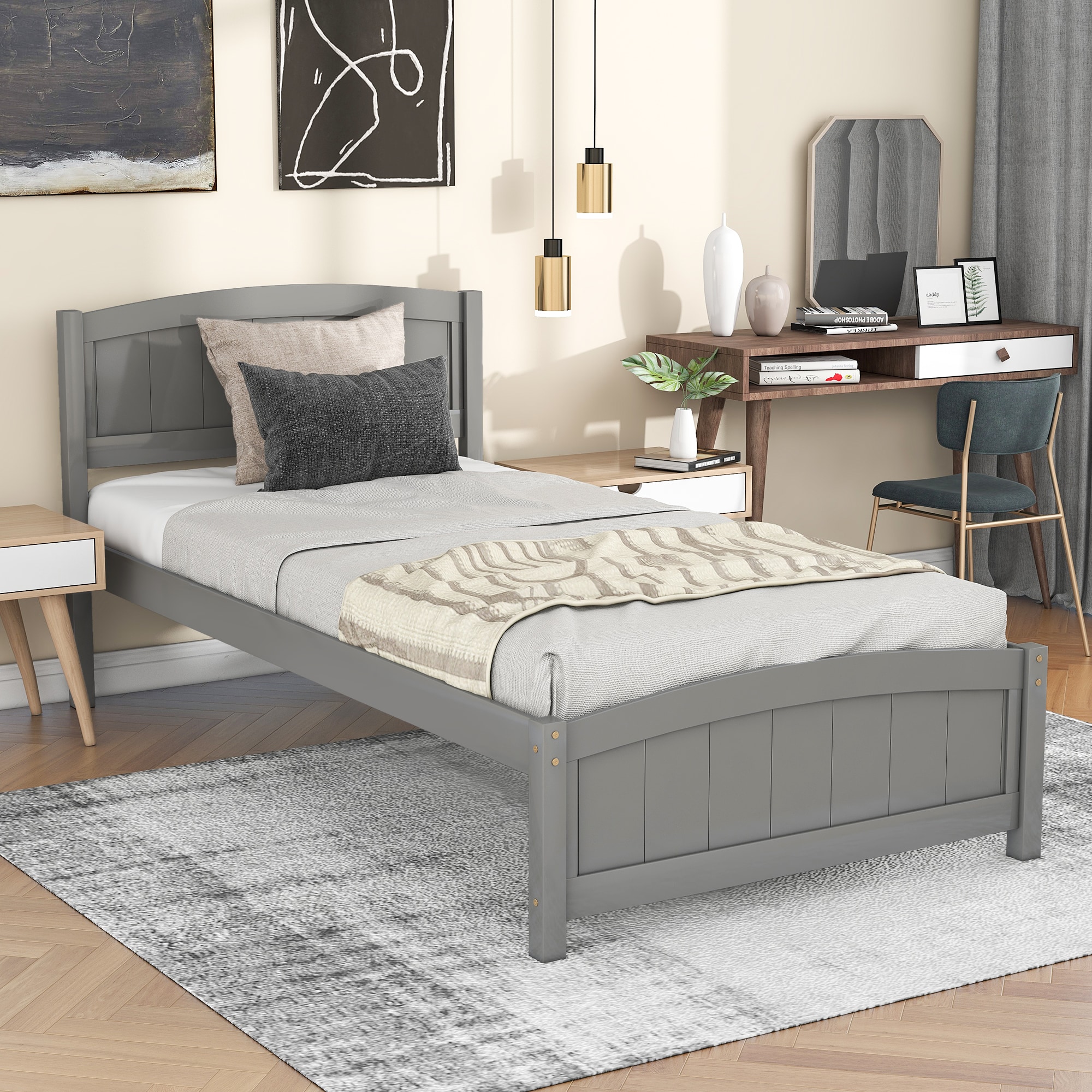 JIMSMAISON JMLFFB50GR Gray Twin Wood Platform Bed