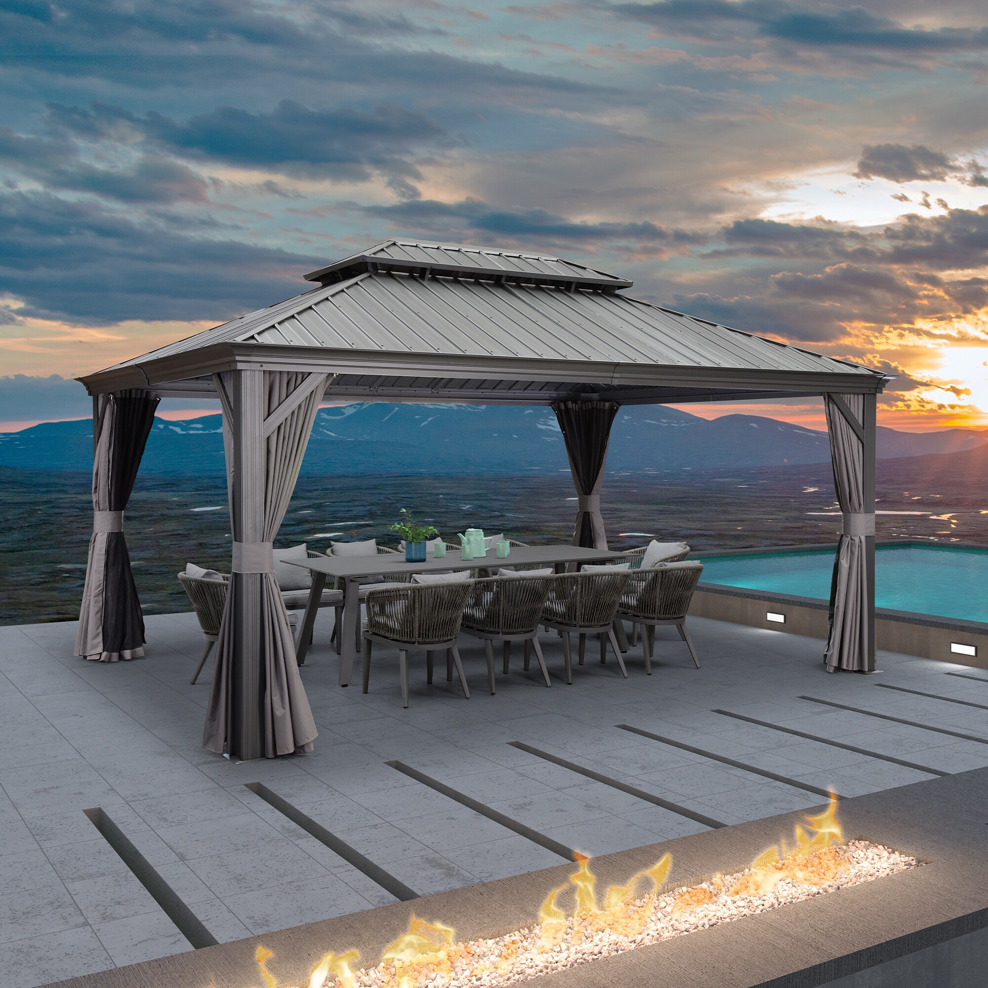 16-ft x 12-ft Gray Aluminum and Steel Hardtop Gazebo with Screen