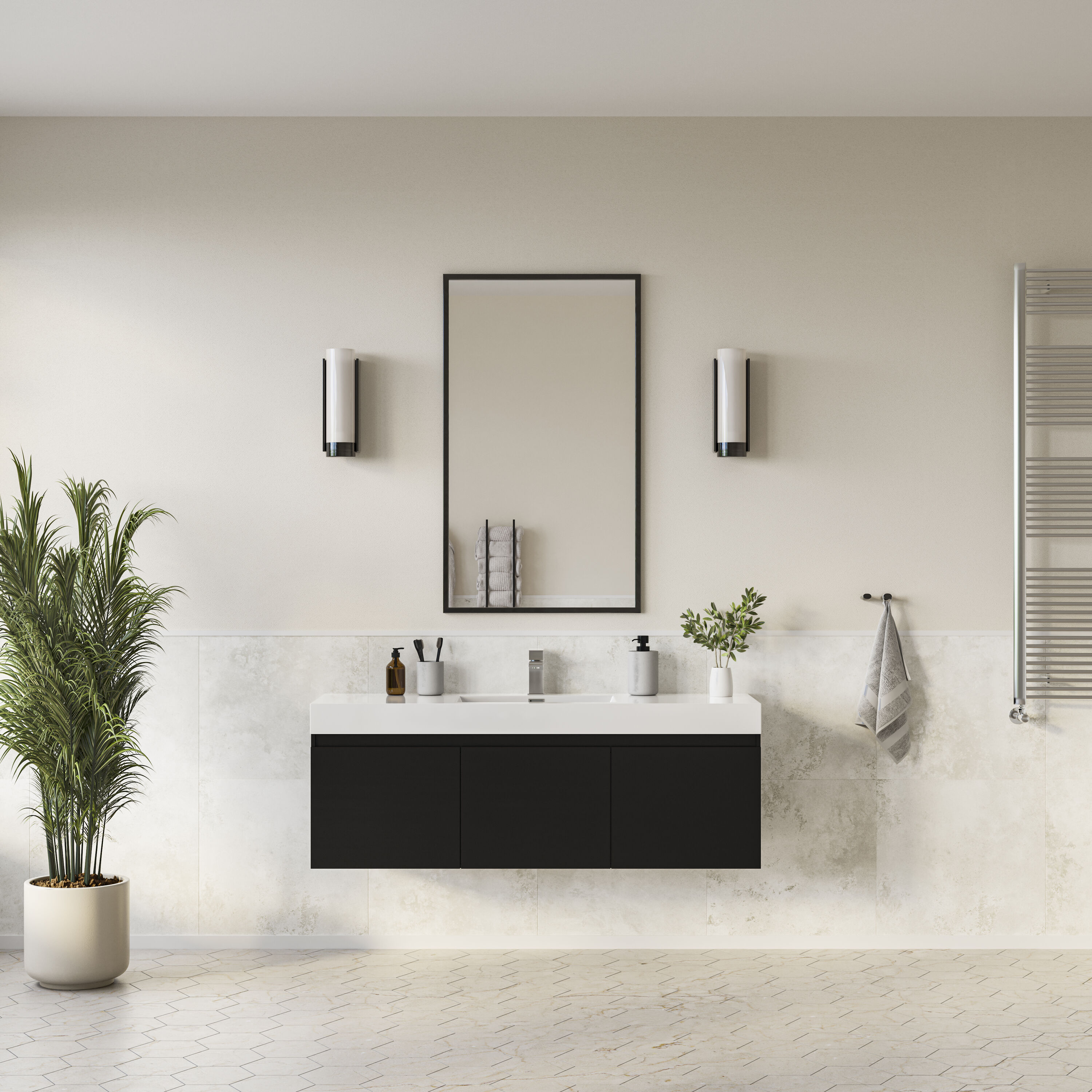 Fresca FCB8041BW-I Mezzo 60-in Black Single sink Floating Bathroom Vanity with White Acrylic Top