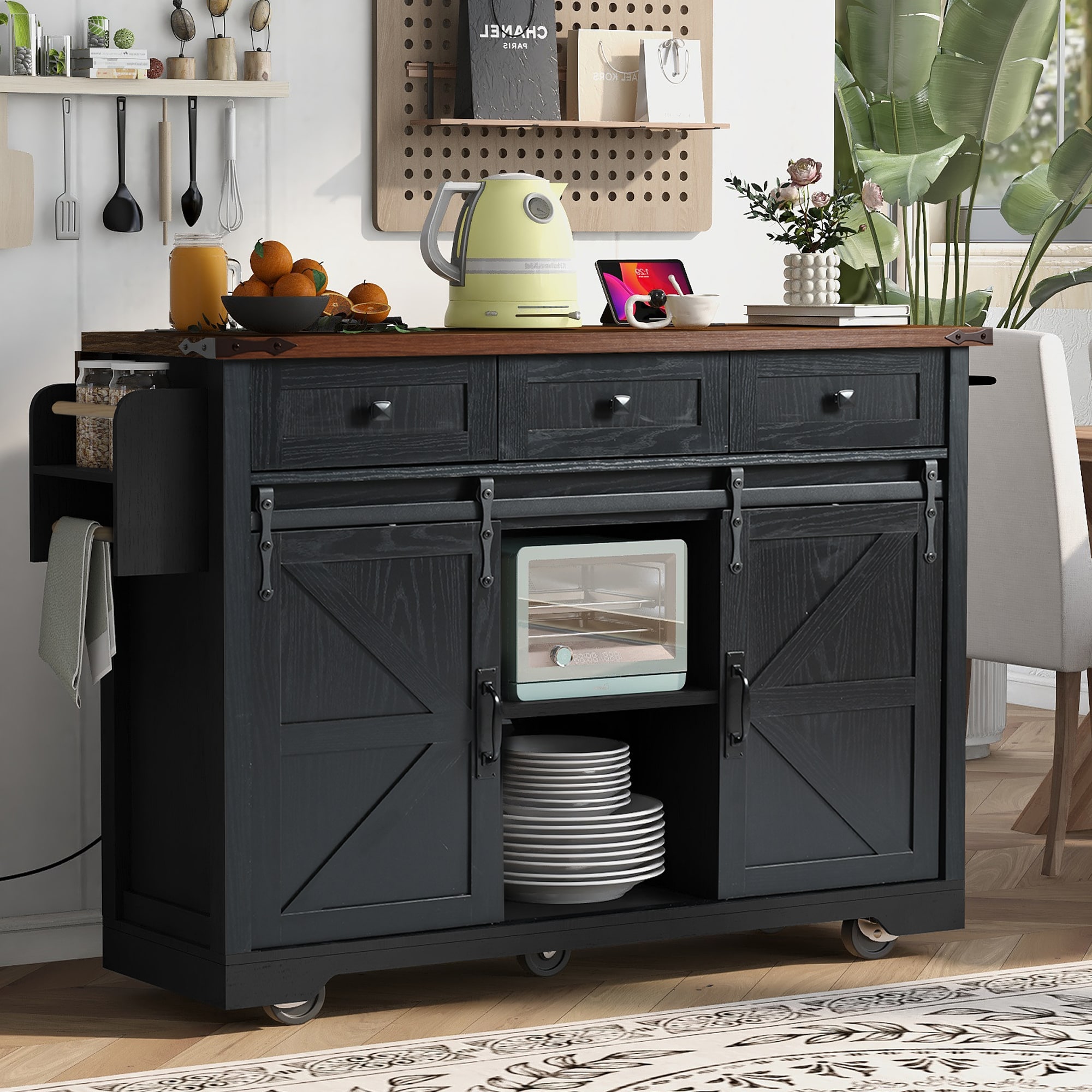 Fun Orange Black MDF Base with MDF Wood Top Rolling Kitchen Island ( 28.75-in x 53.75-in x 36.5-in )