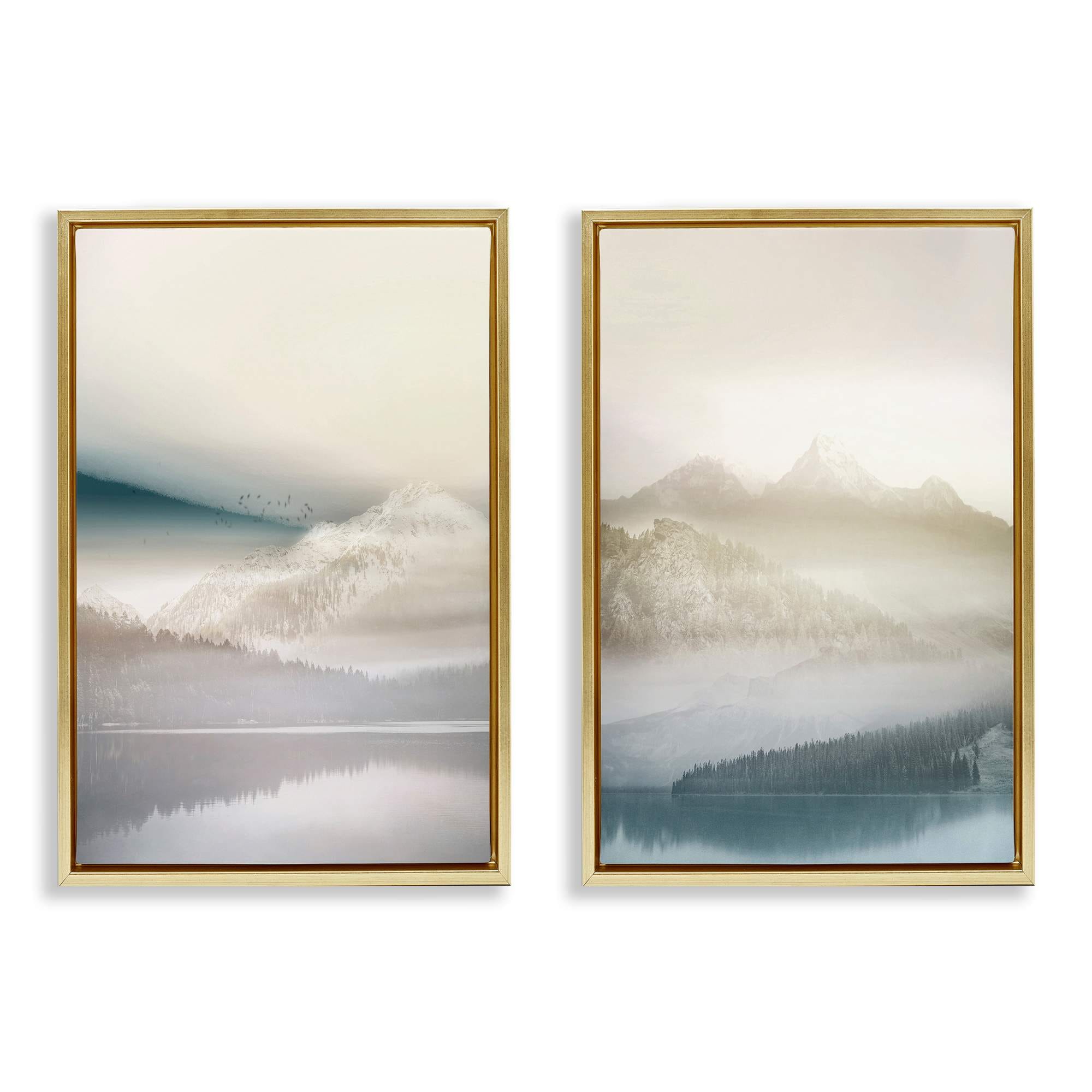 Stupell Industries B2-884-FFG-2PC-16X24 Mountain Peaks and Neutral Lake 2 Piece Gold Framed Floater Canvas Set By Gemma Bardot 17 x 25