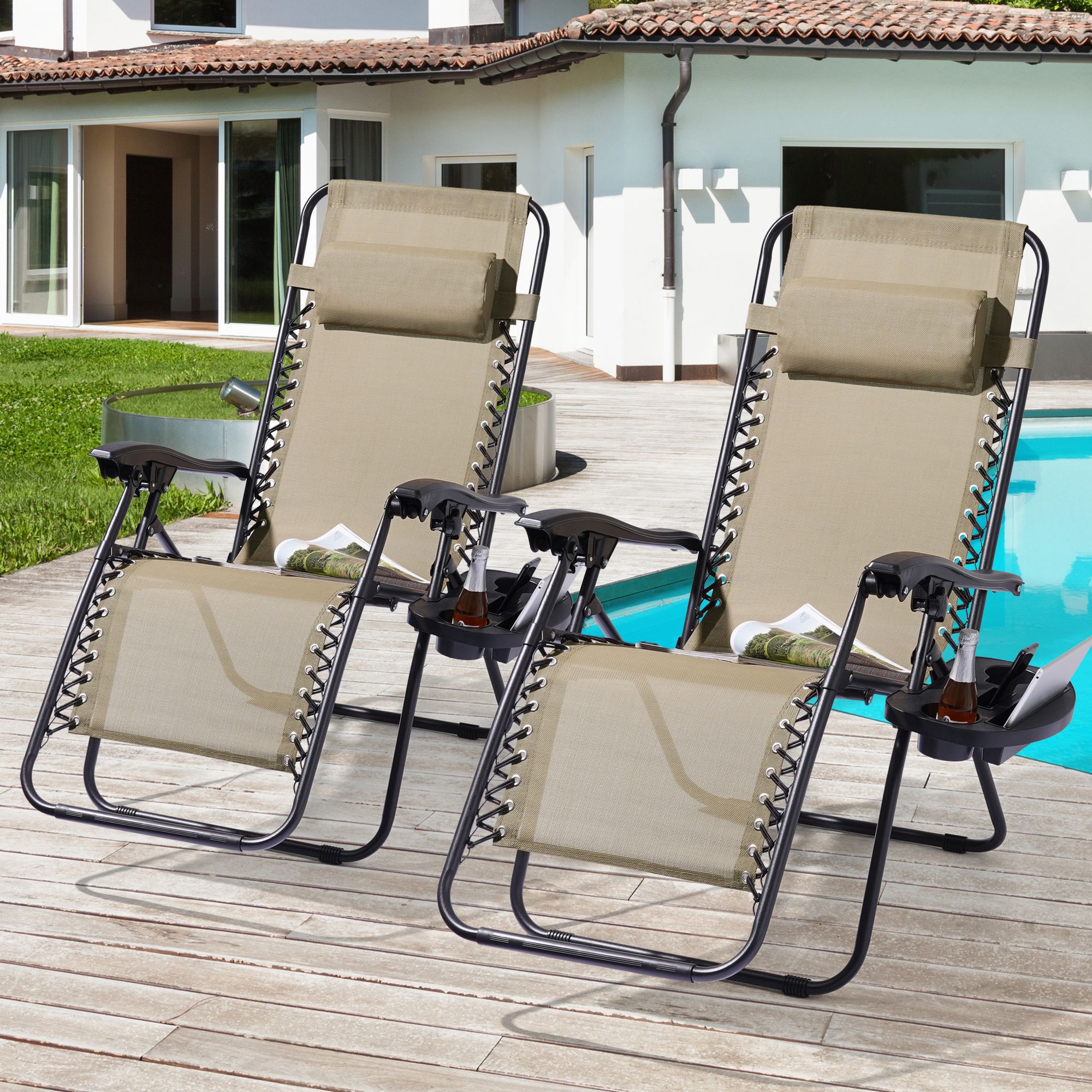ACEGOSES LW-LF002BG Zero Gravity Chair Set of 2 Beige Metal Frame Stationary Zero Gravity Chair with Tan Sling Seat
