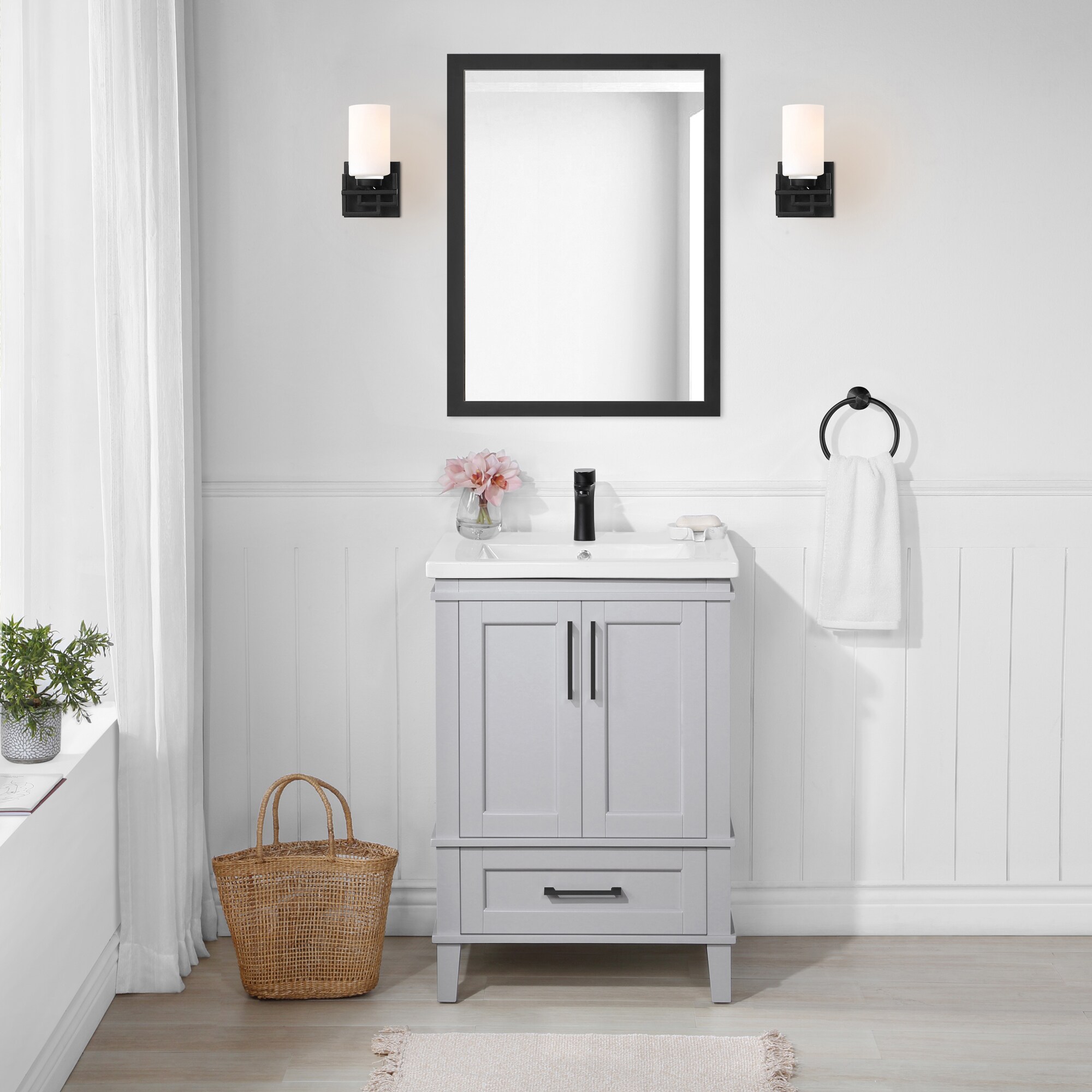 OVE Decors 15VKM-BR242M-039 Brighton 24-in Dove Gray Single Sink Bathroom Vanity with White Ceramic Top (Mirror Included)