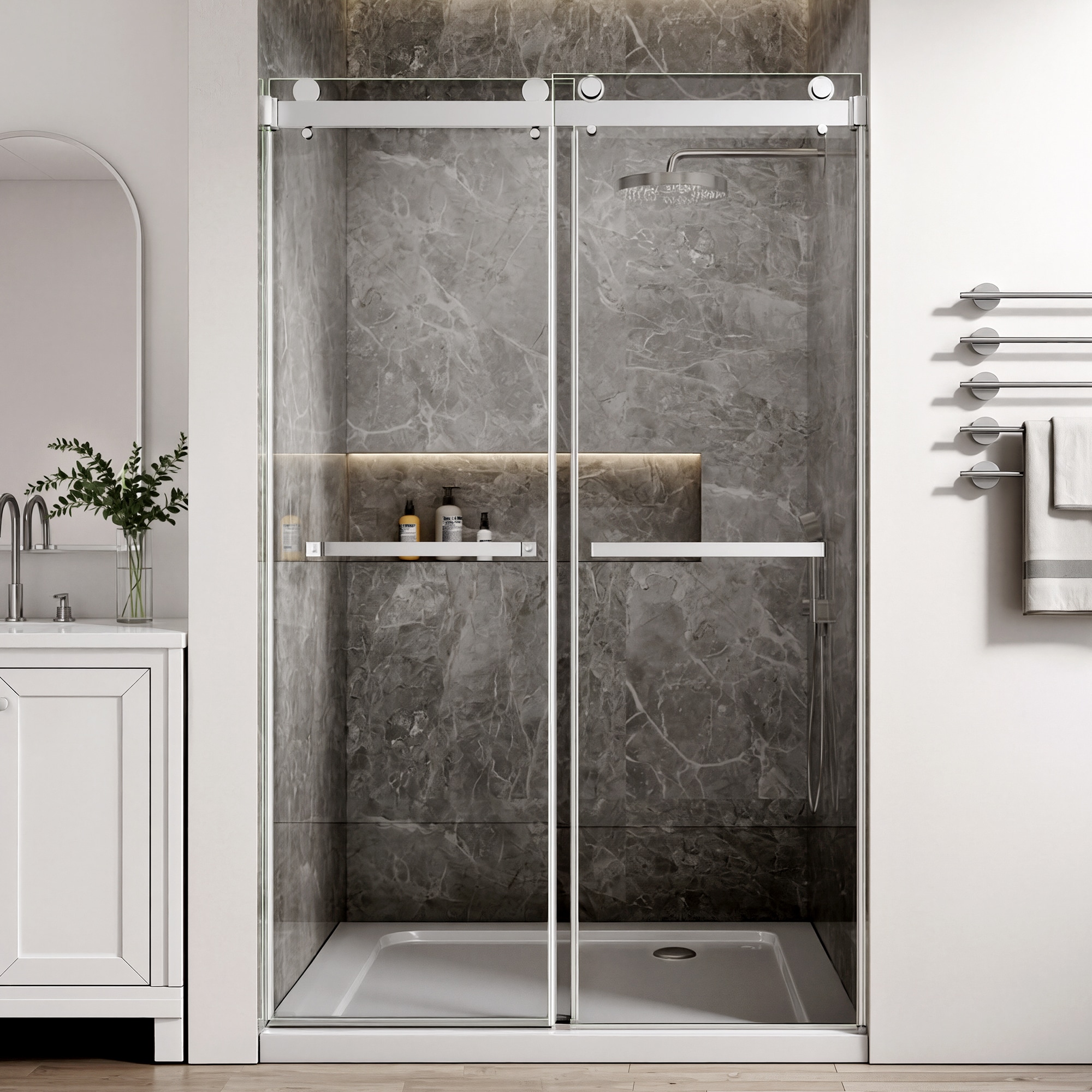 TcwVwc  Nickel 44in to 48in W X 76 in H Frameless 5/16 in Tempered Glass with Safety Film Backing Double Sliding Shower Door
