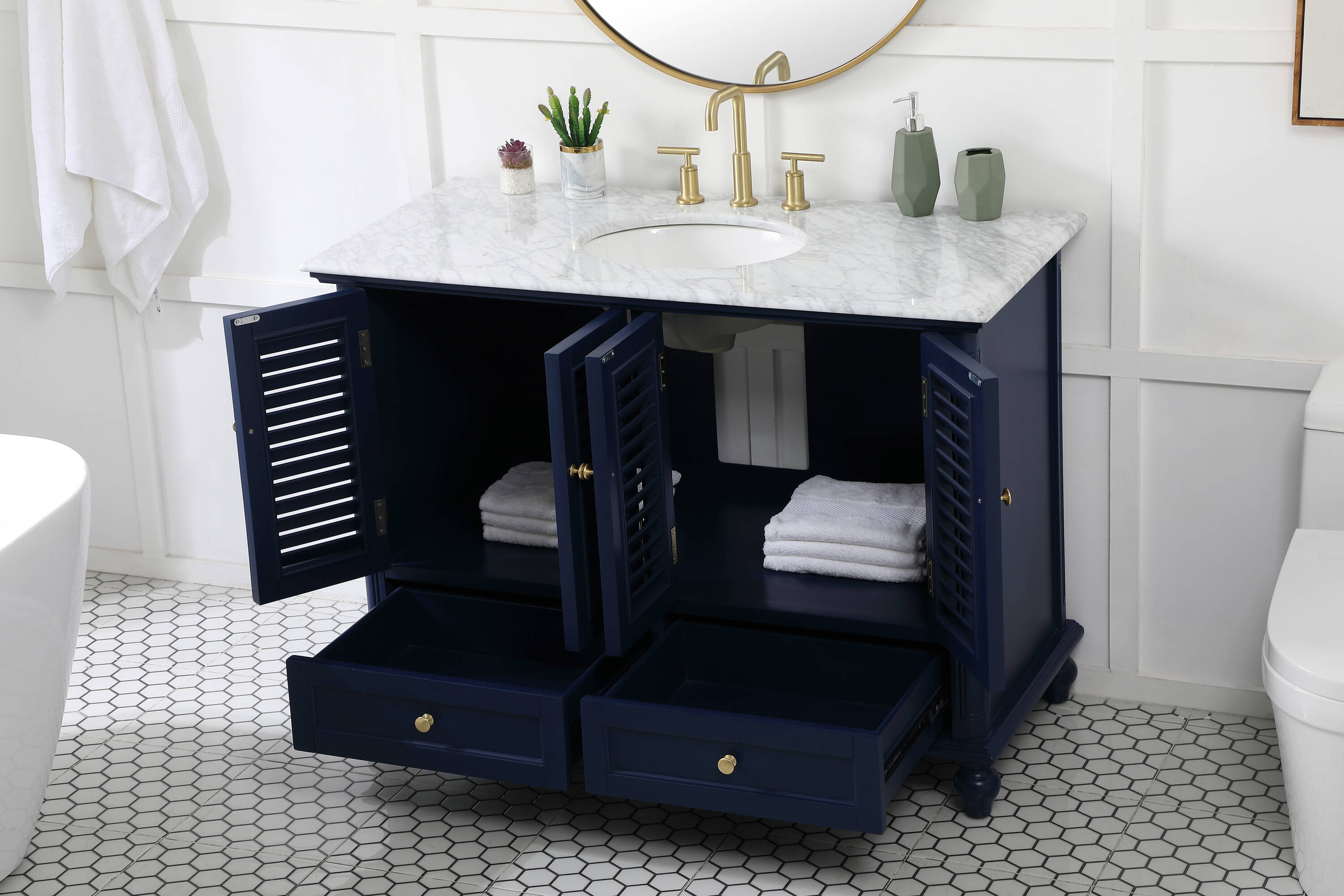Rhodes 48" Blue Solid Wood Bathroom Vanity with Marble Top