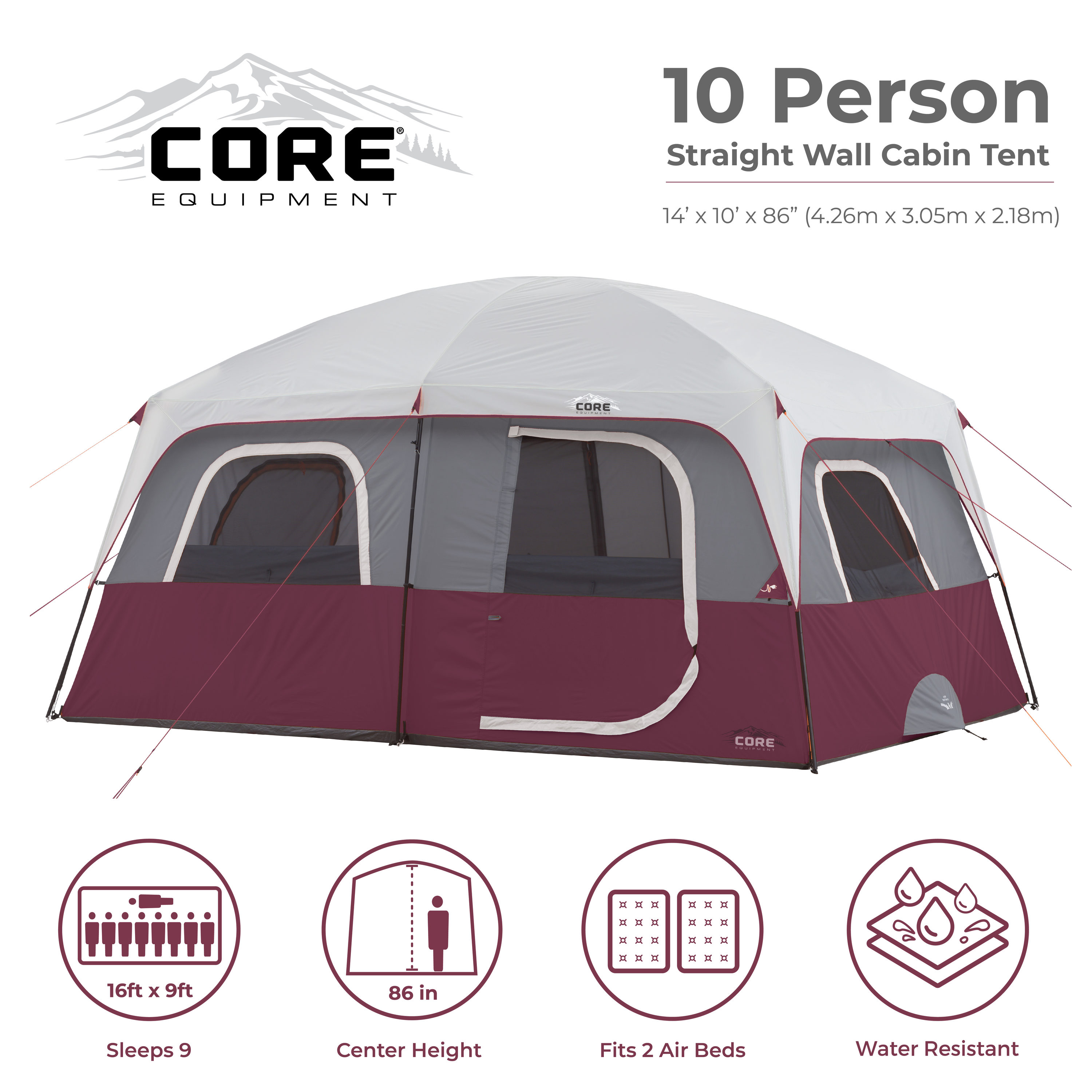 Core 10-Person Red Polyester Camping Tent with 7 ft Peak Height and 14 ft x  10 ft Size in the Tents department at
