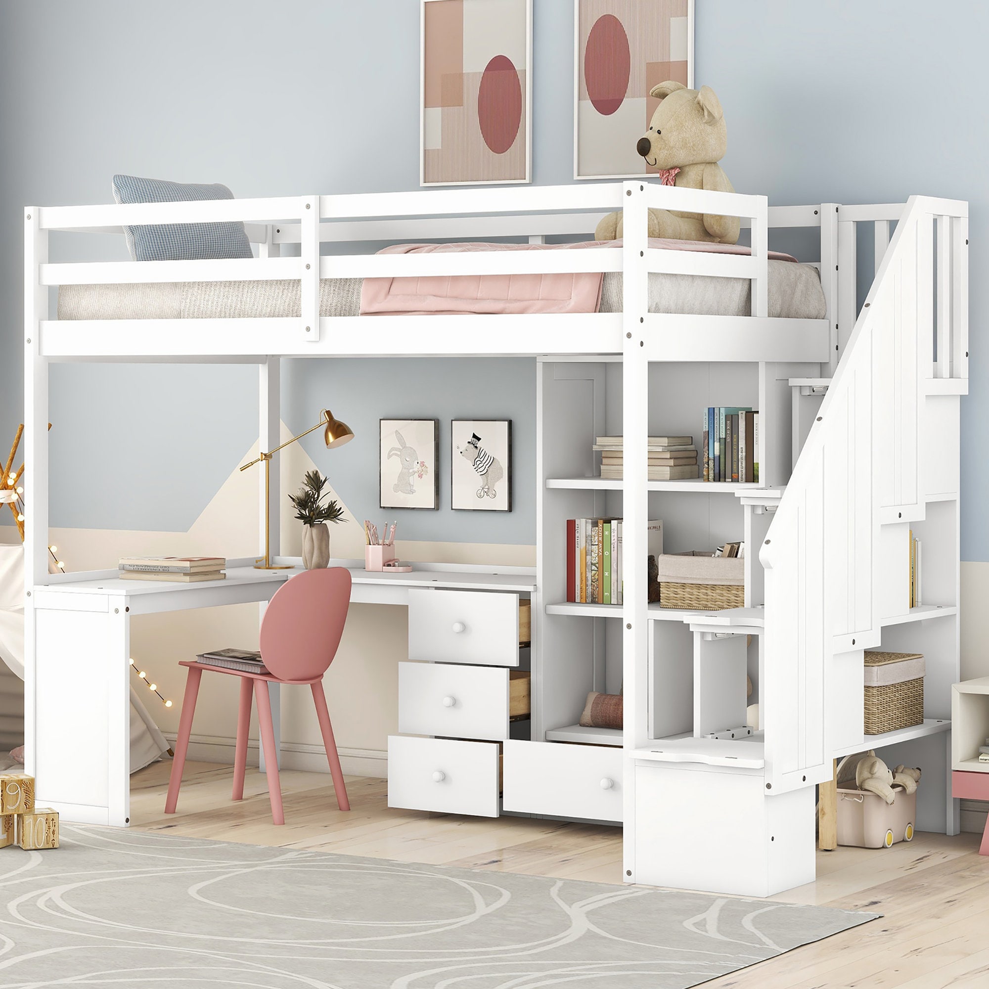 Afoxsos Twin Size Loft Bed with L Shaped Desk Drawers Cabinet Storage Staircase Reversible 93.3 in L x 42.4 in W x 65.8 in H White