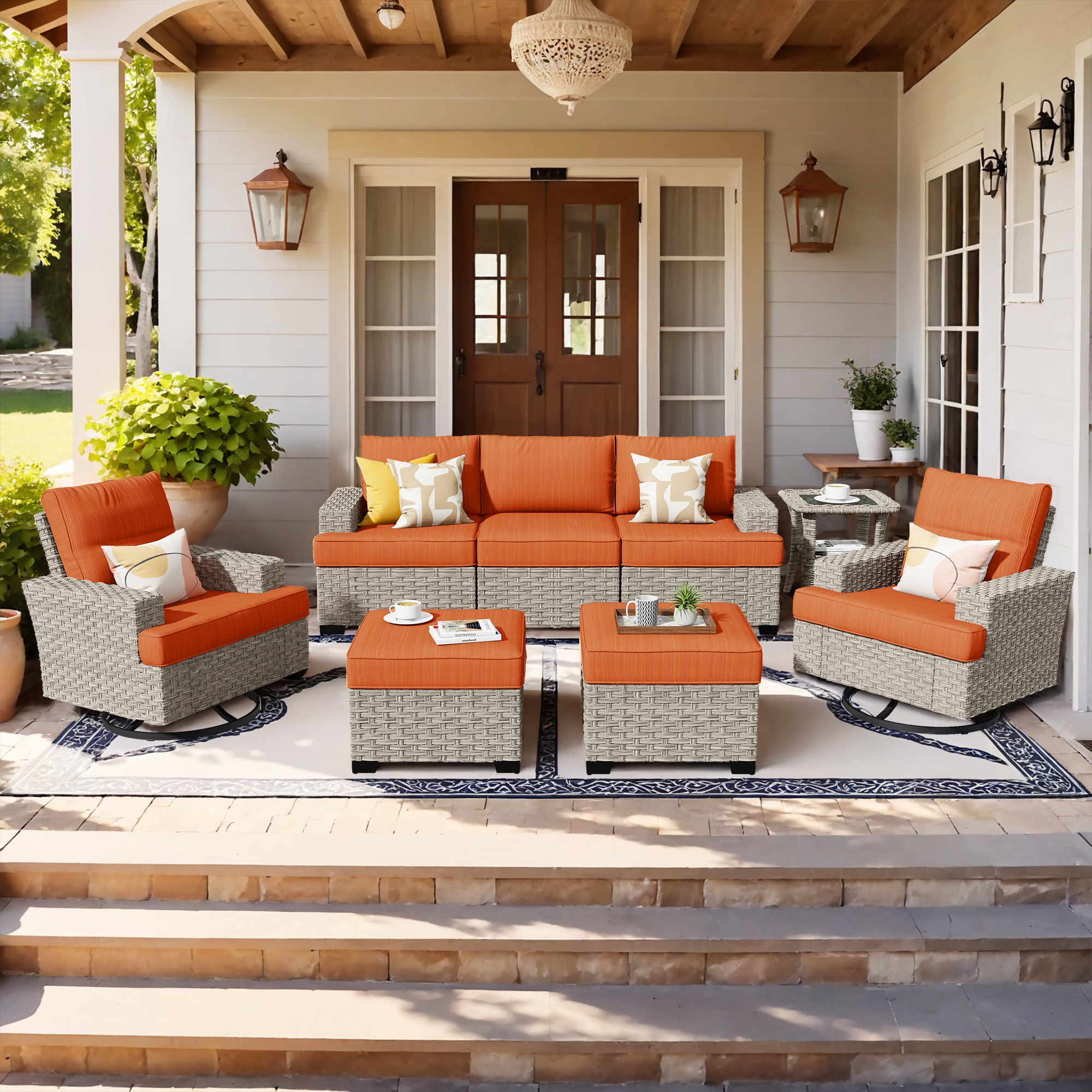 Caodoc L5-YZTBS808-1 CFP03-VYZSKT Wicker Outdoor Sectional with Orange Cushions and Wicker Frame