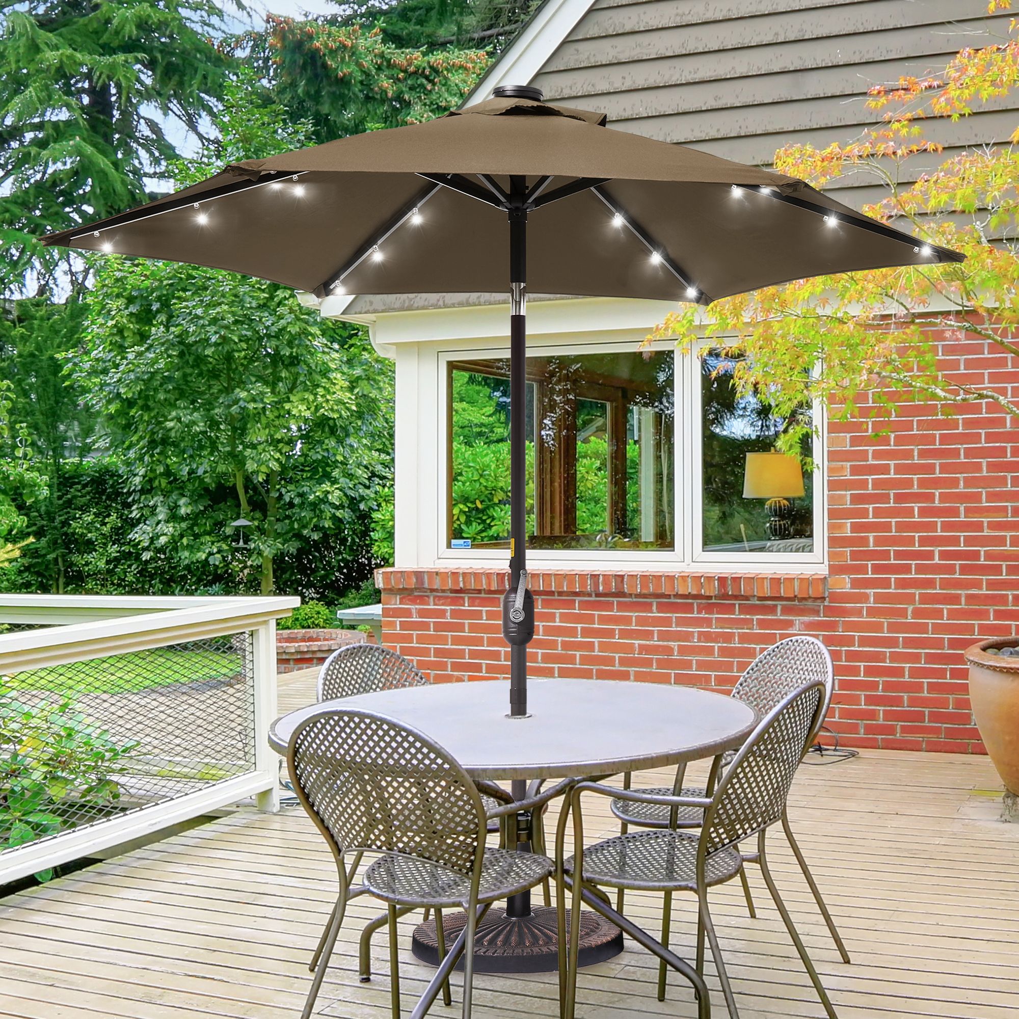 Sonkuki SD-TJLED75TP 7.5-ft Steel Tan Push-button Tilt Market Patio Umbrella with Lights