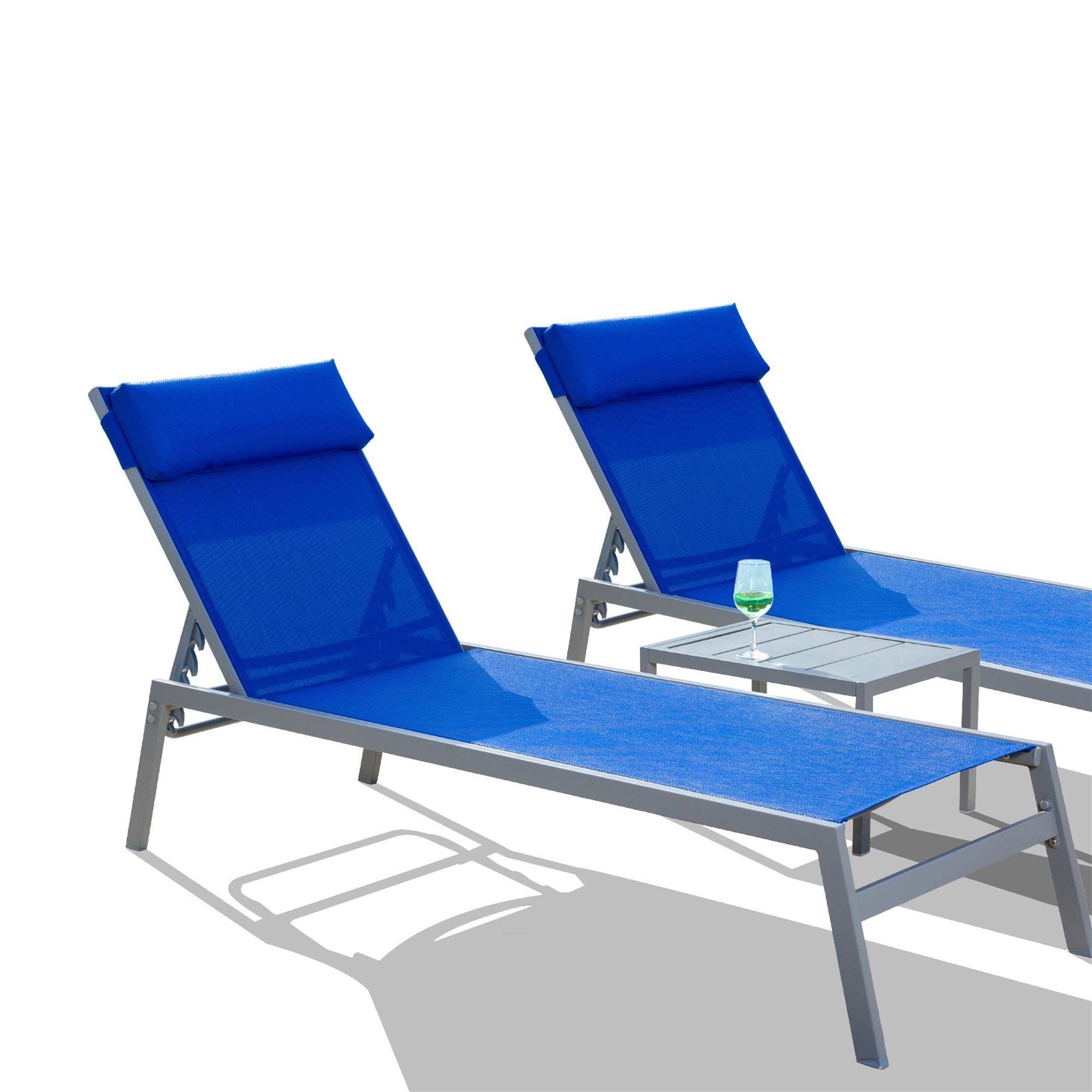 AAZJ CP-109869 Patio Chairs Set of 2 Stackable silver Steel Frame C-spring Chaise Lounge Chair with Blue Mesh Seat