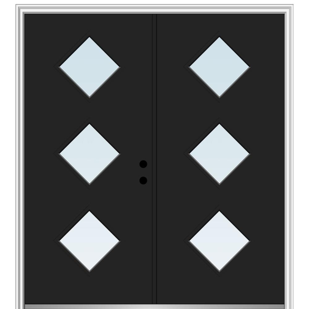 MMI DOOR ZZ348973L Spotlights 72-in x 80-in x 6-9/16-in Fiberglass Pulse lite Left-hand inswing Black Painted Prehung Double Front Door with Brickmould Insulating core