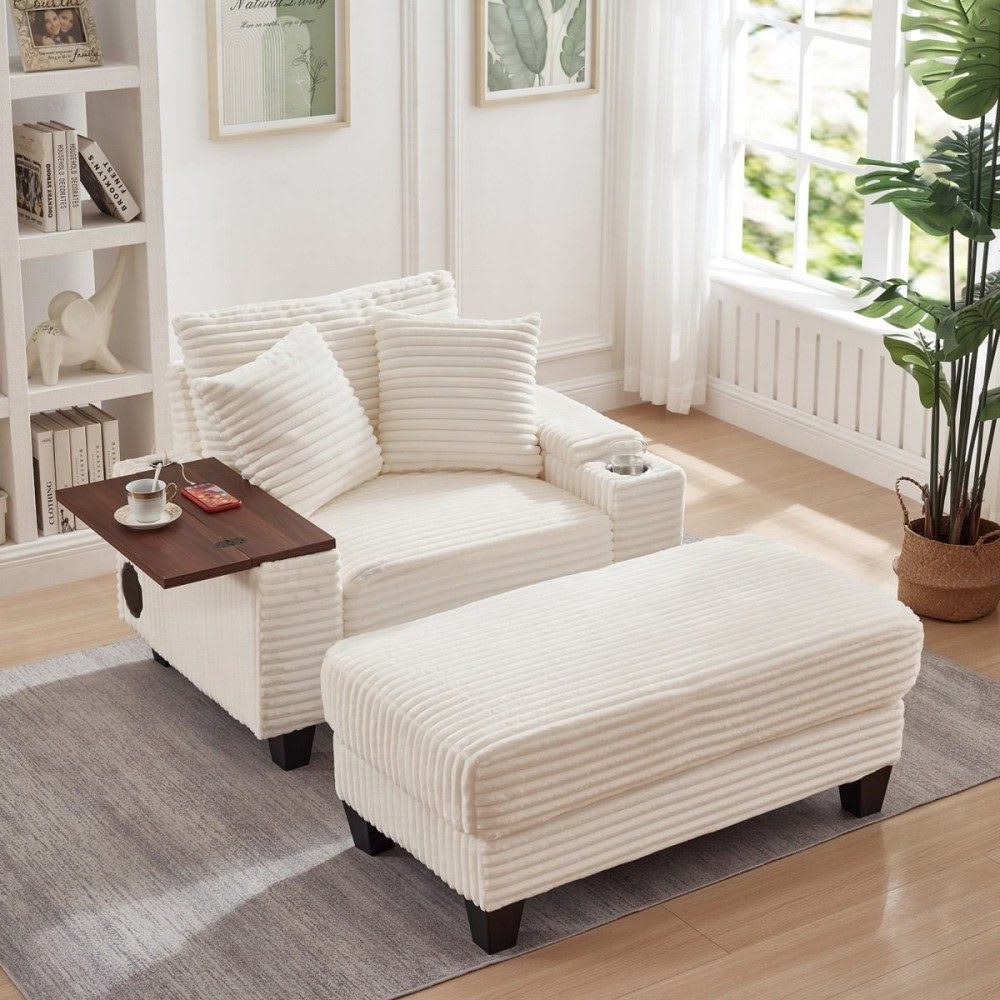 Coolbibila OMAR-CHAIR-WHITE White Corduroy Single Sofa with Storage Ottoman and Rotating Table for Living Room or Apartment