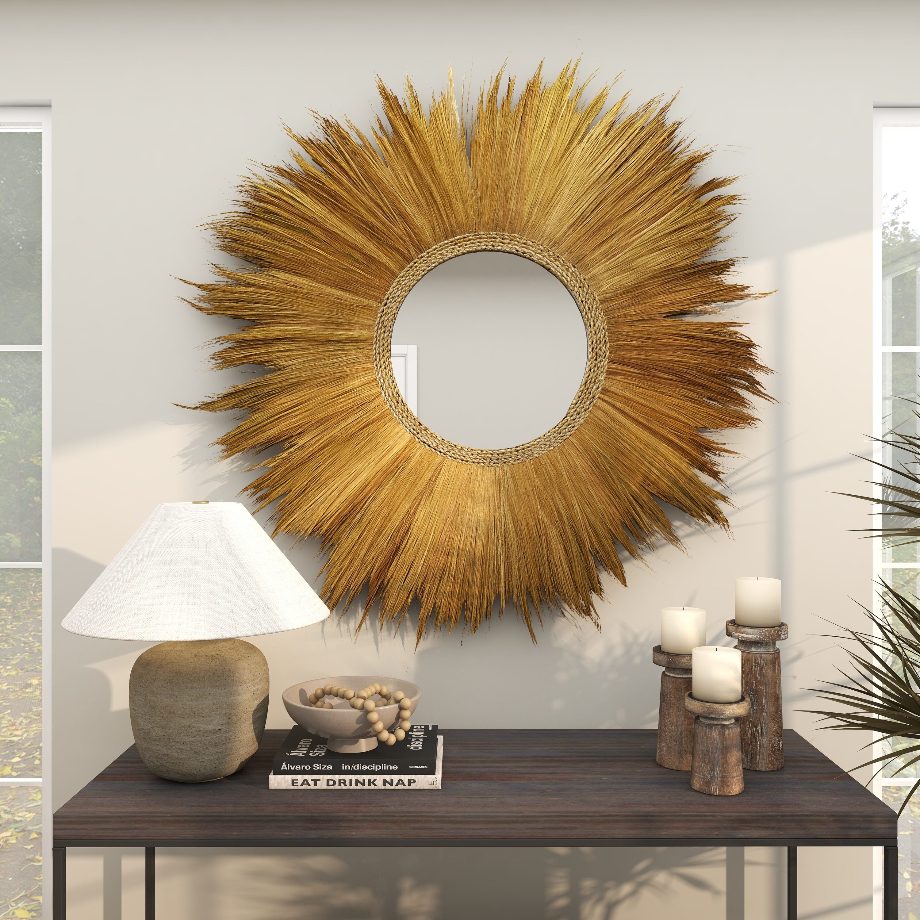 Golden Sunburst Round Decorative Wall Mirror with Grass Trim