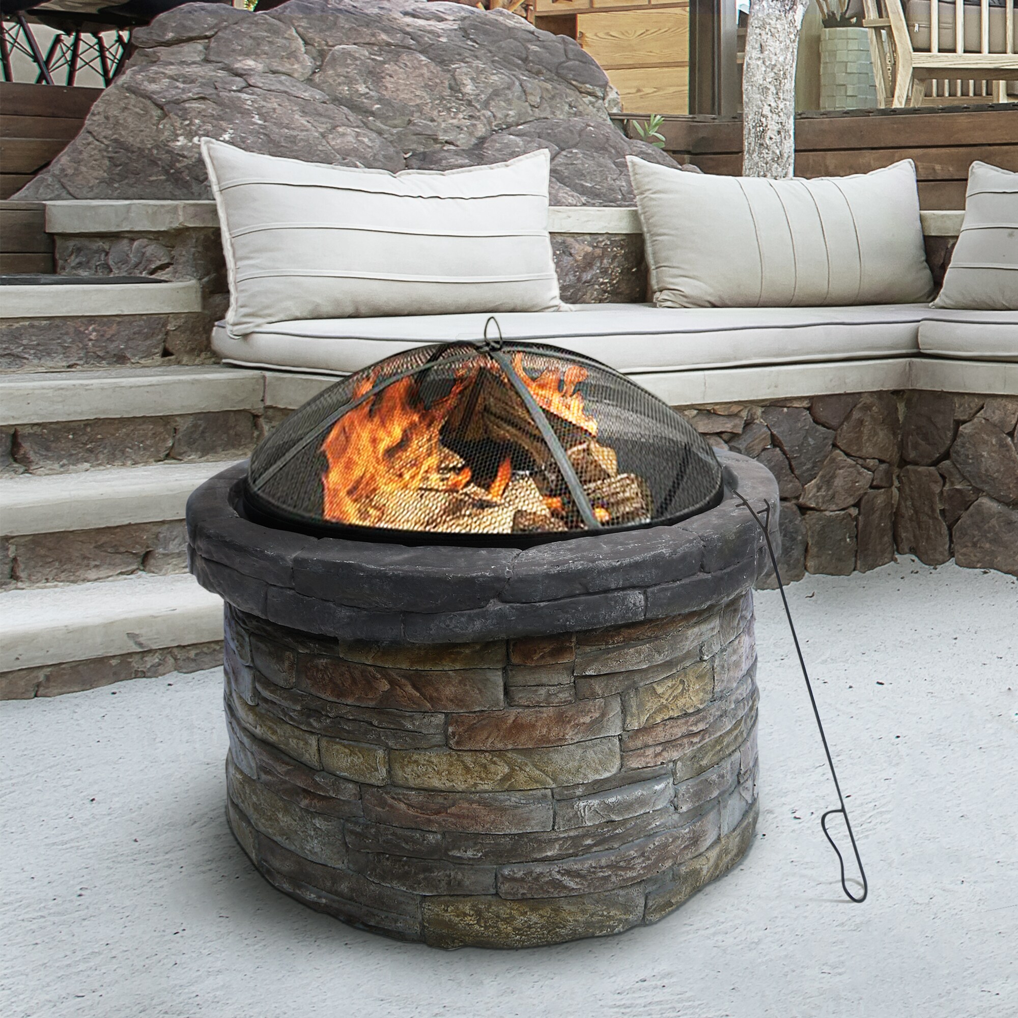 Round Faux Stone Outdoor Wood Burning Fire Pit with Steel Base