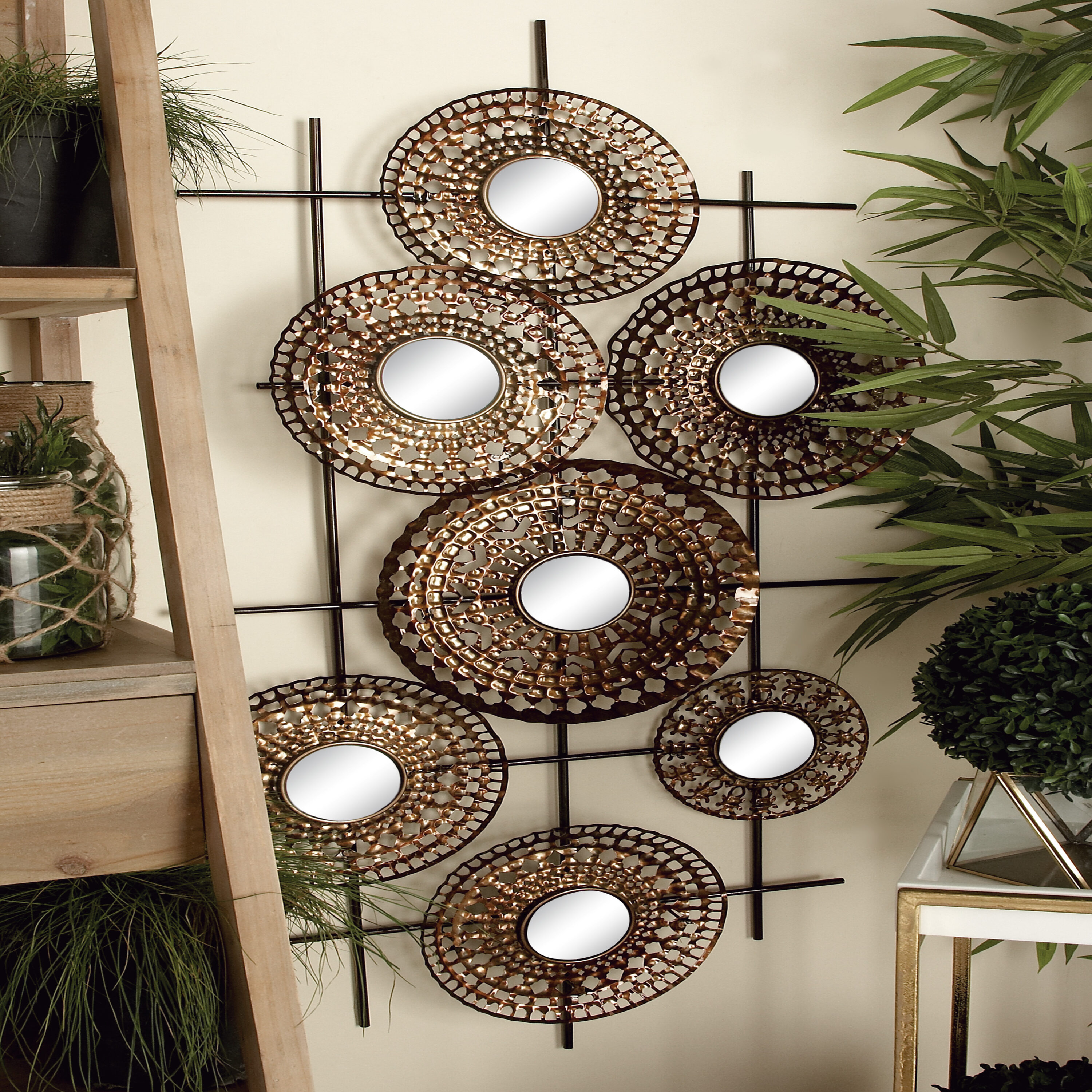 Bronze Metal Abstract Wall Sculpture with Mirrored Accents