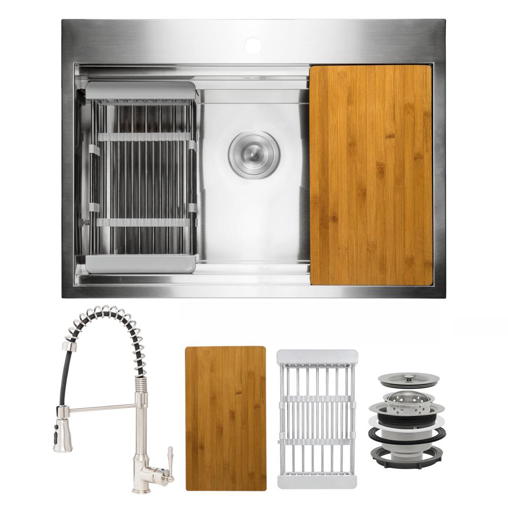 AKDY KS0369 All-in-One Drop-In 32-in x 22-in Brushed Stainless Steel Single Bowl 1-Hole Workstation Kitchen Sink All-in-one Kit
