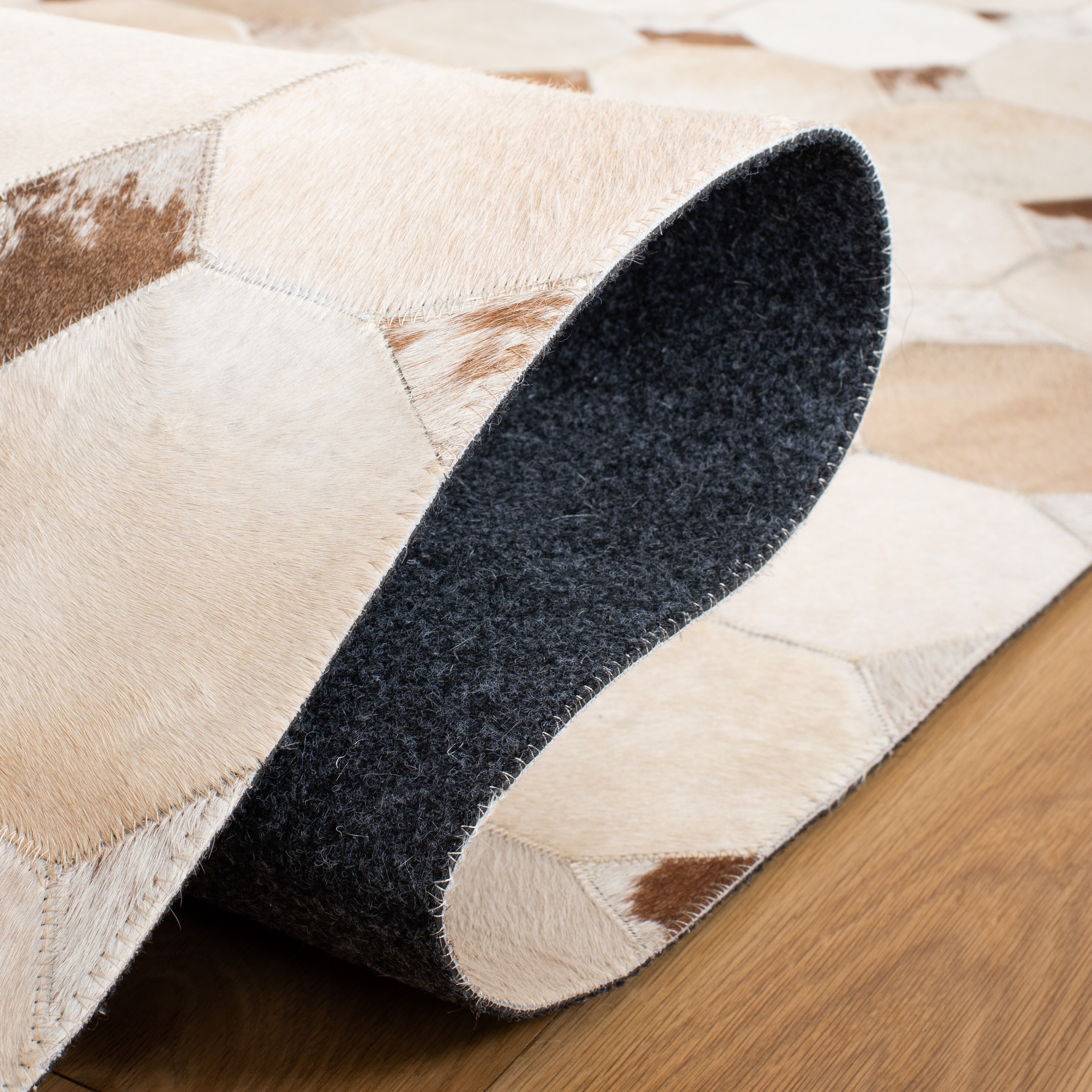 Ivory Geometric Hand-Stitched Cowhide Fur Rug 5' x 8'