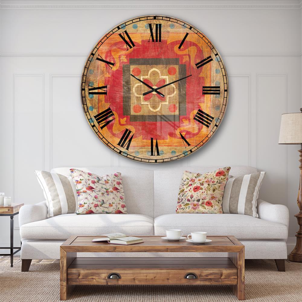 Designart 36 in L Round Orange Metal Indoor Bohemian Wall Clock with ...