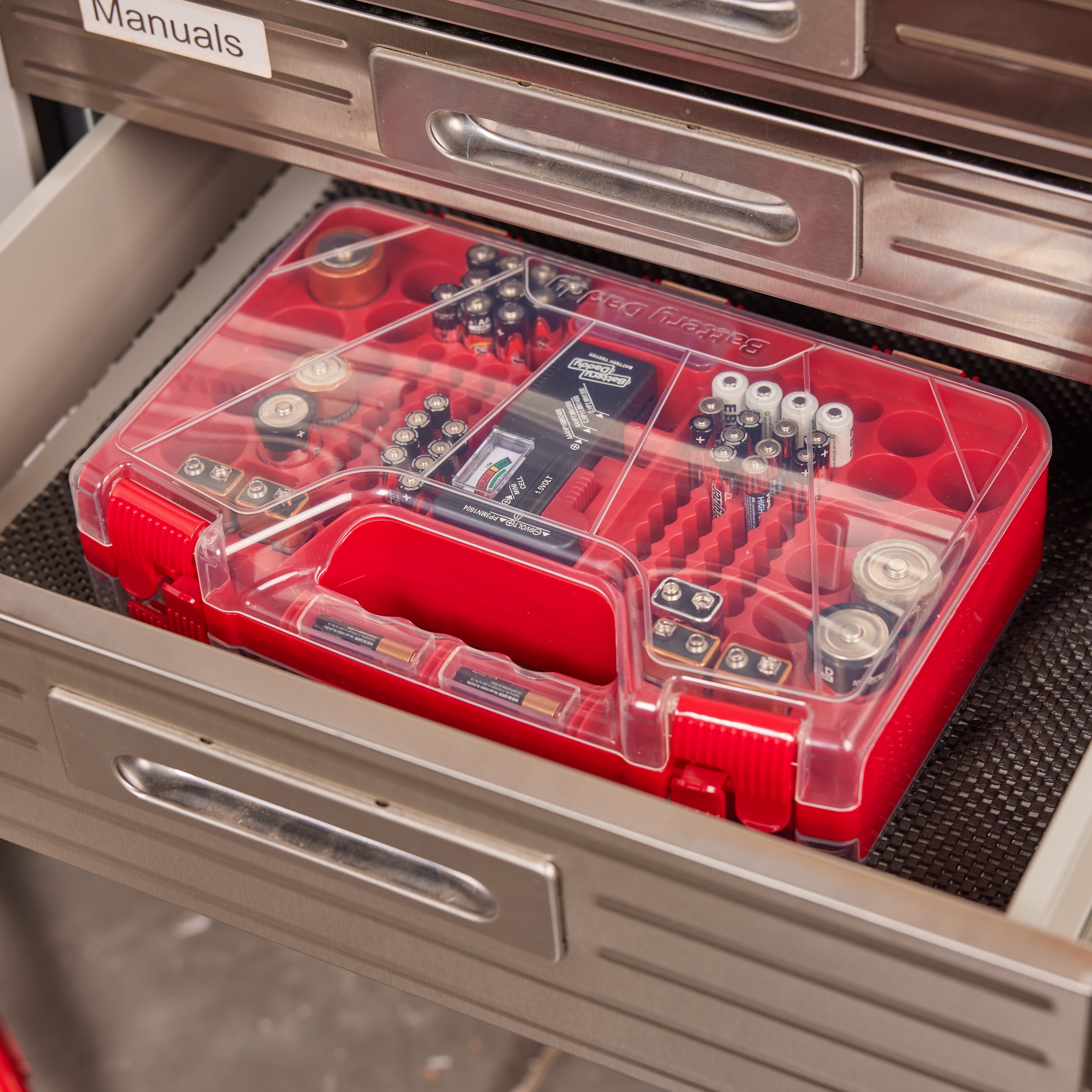 the Battery Storage Organizer Case and Battery Tester with No Lid, for  Drawer De