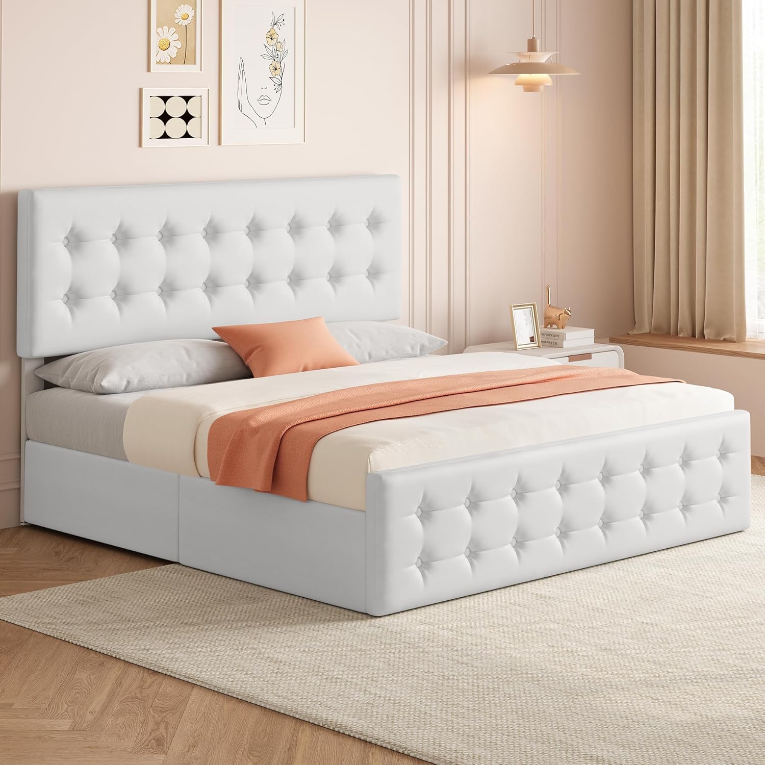 Qeetex LHF-BED-PHO-121UH5HT King Size Bed Frame with 4 Storage Drawers and Headboard Faux Leather Upholstered Platform Bed Frame with Wooden Slats Support Button Tufted Design No Box Spring Needed White
