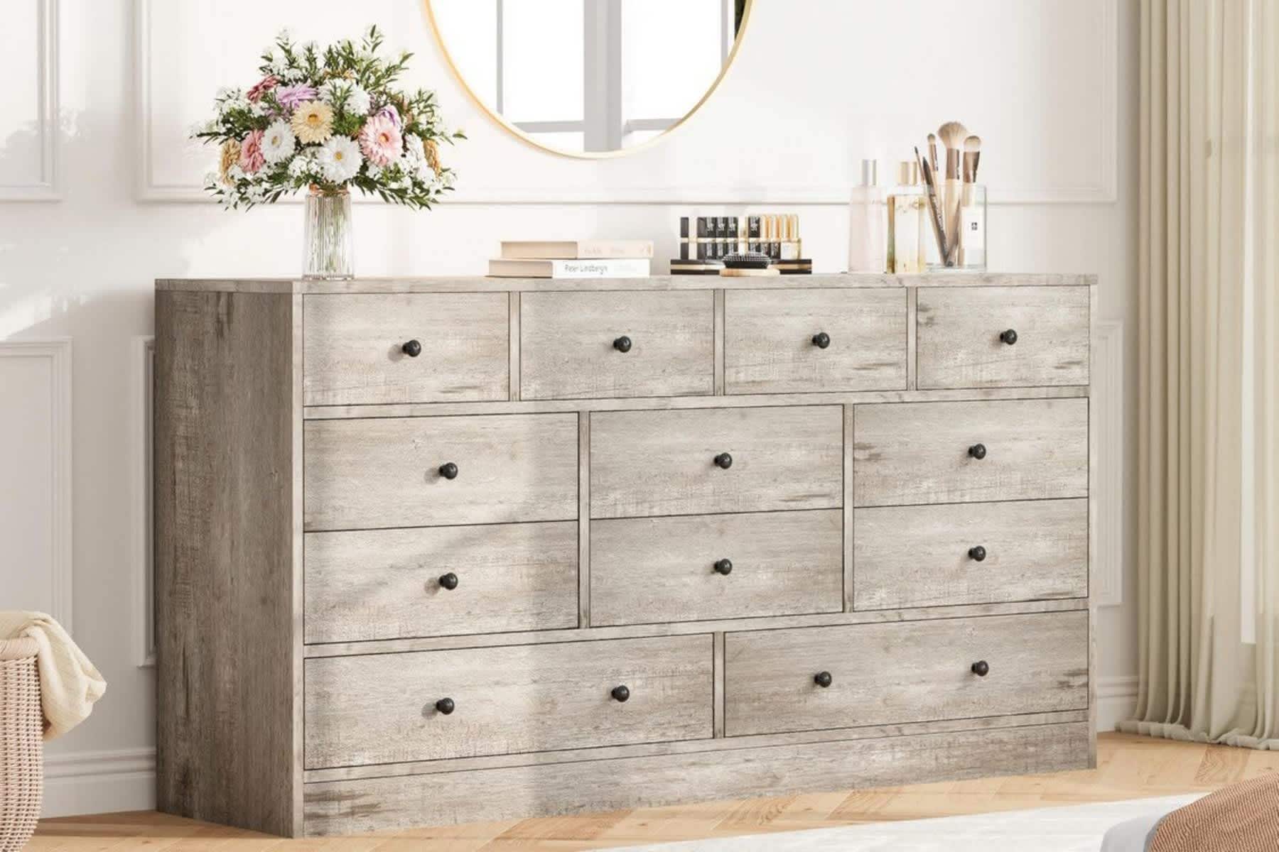 Garvee Modern 12 Drawer Dresser for Bedroom 61 in Long Dresser TV Stand with Charging Station Large Wooden Chest Of Drawers for Nursery Closet Living Room