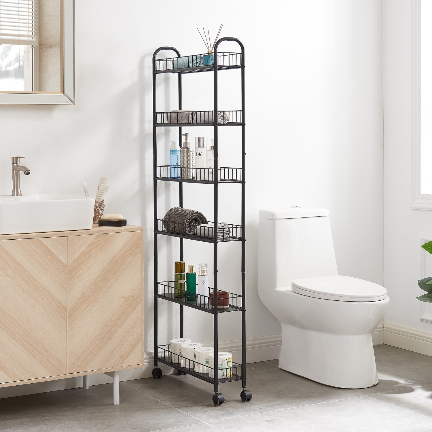 Wooakway - 6-Tier Rolling Cart Gap Kitchen Slim Slide Out Storage Tower Rack with Wheels6 Baskets...