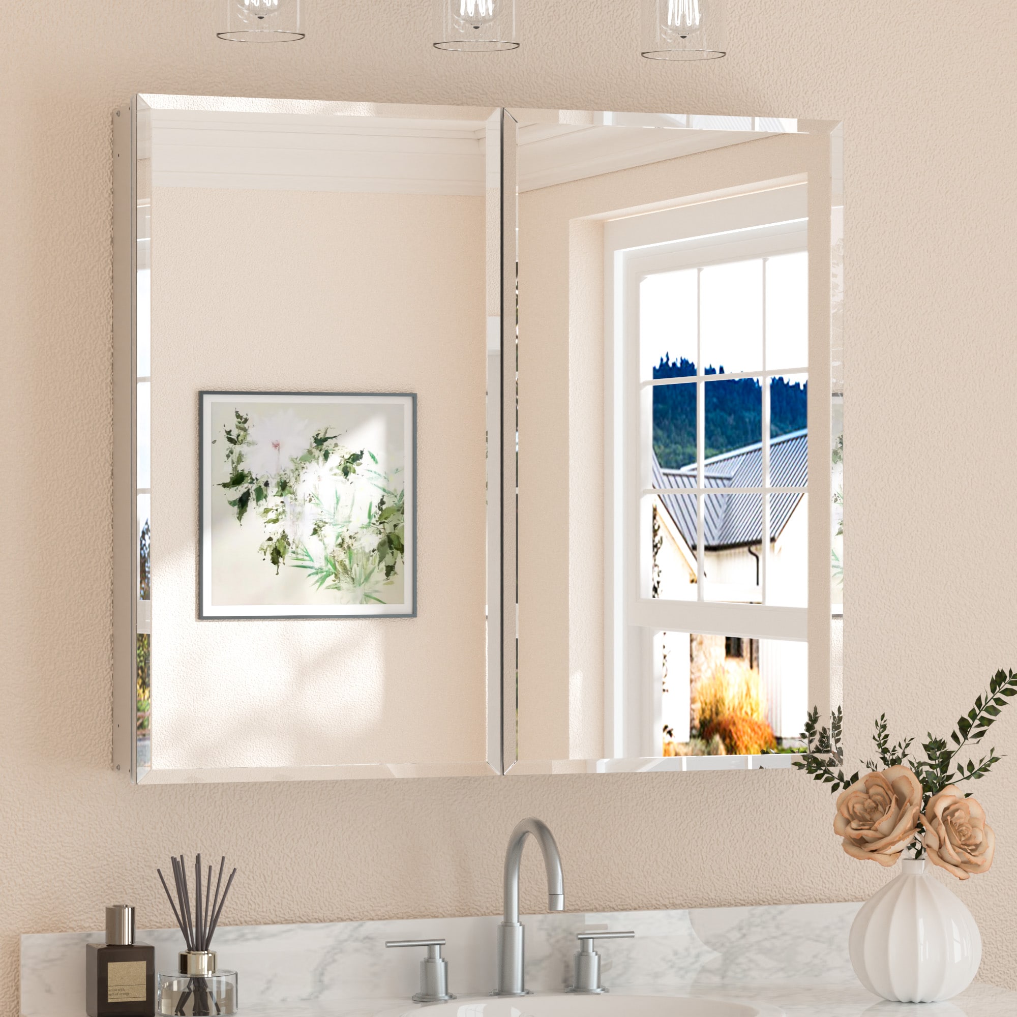 Keonjinn LW-JG-FJXP-9181-SI 36-in x 32-in Surface/Recessed Mount Sliver Mirrored Rectangle Soft Close Medicine Cabinet