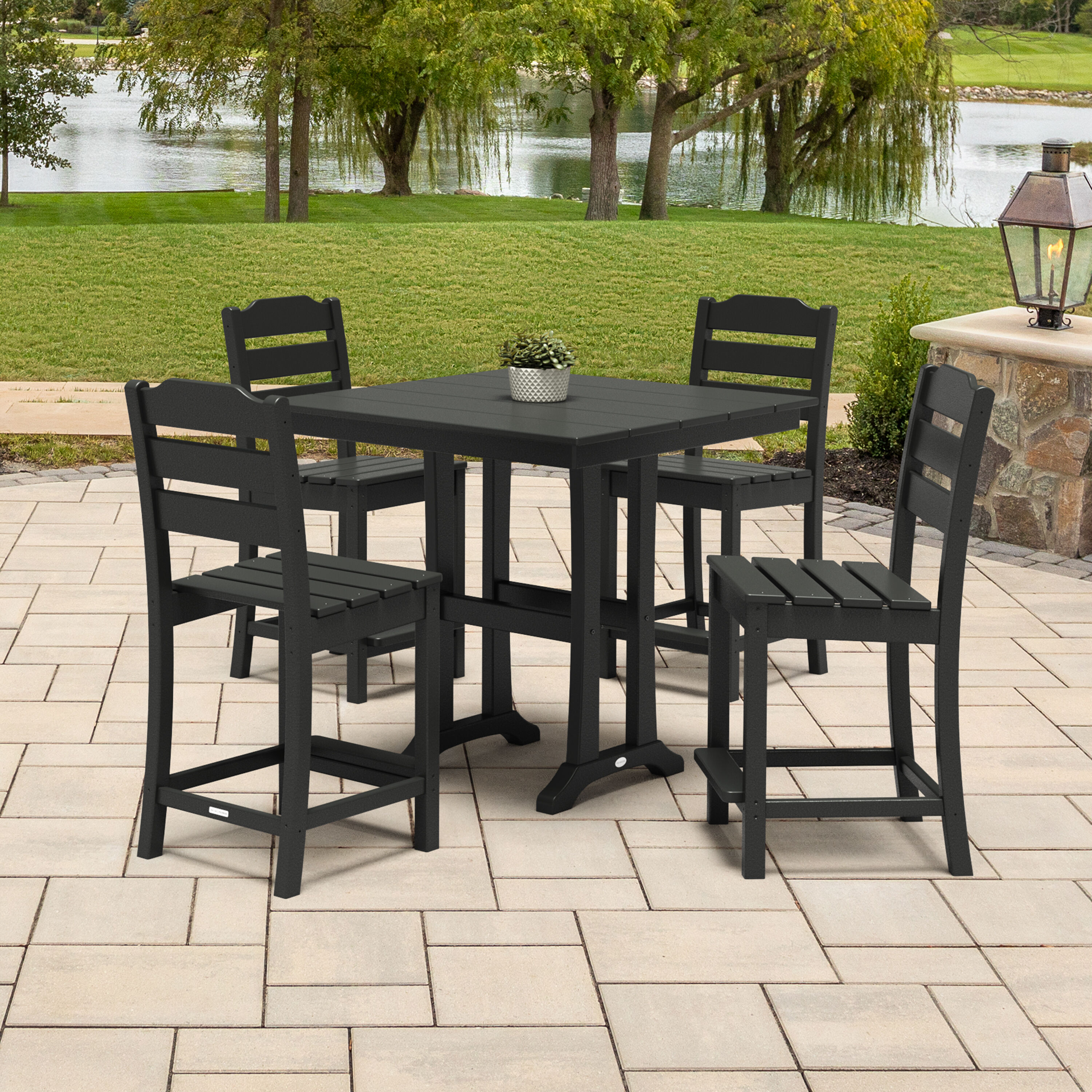 POLYWOOD PWS2535-1-BL Oakport 5 -Piece Black Balcony Height Patio Dining Set Plastic Square Table with 4 Stationary Chairs