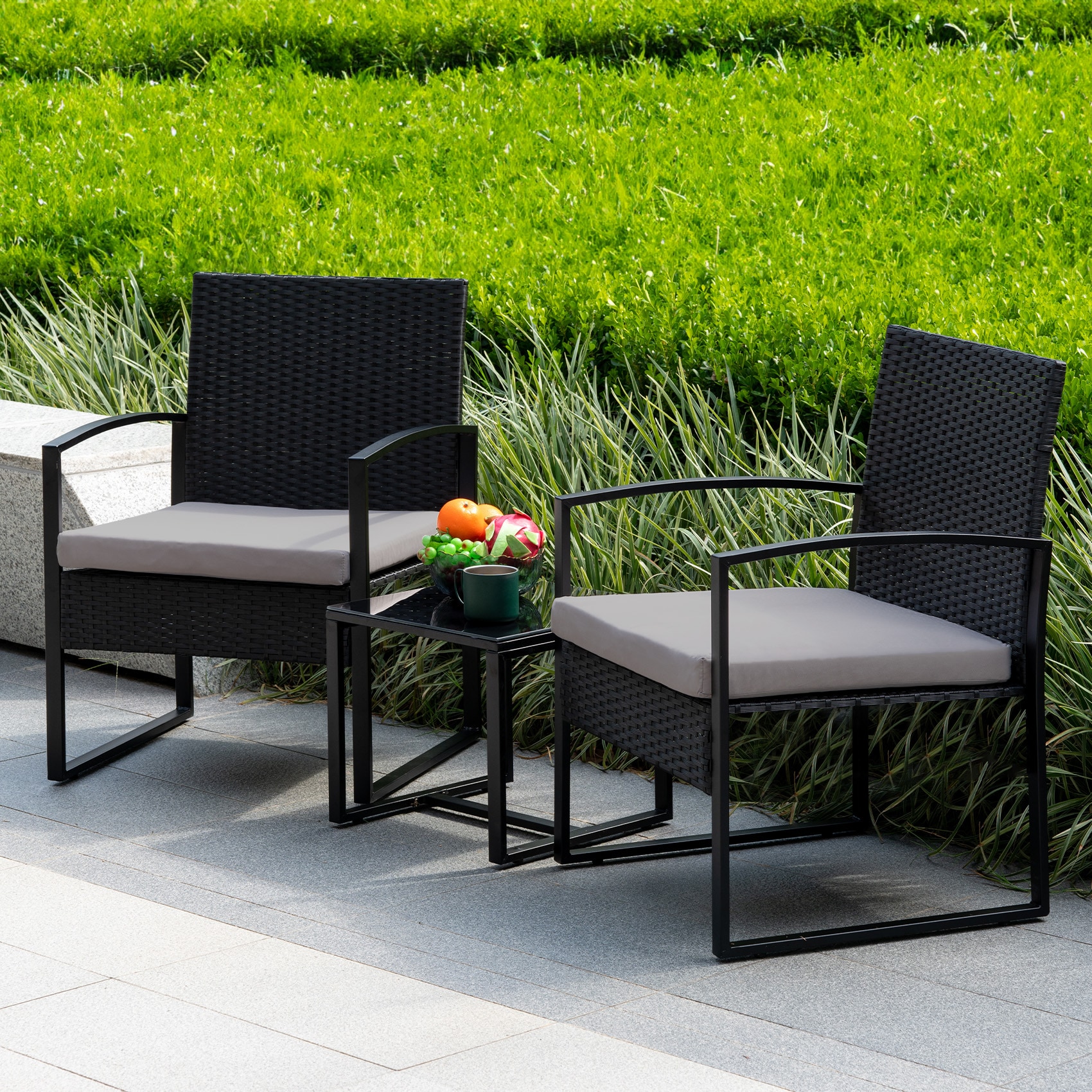 Grearden ZHNF014-TA 3 -Piece Wicker Patio Conversation Set with Gray Cushions