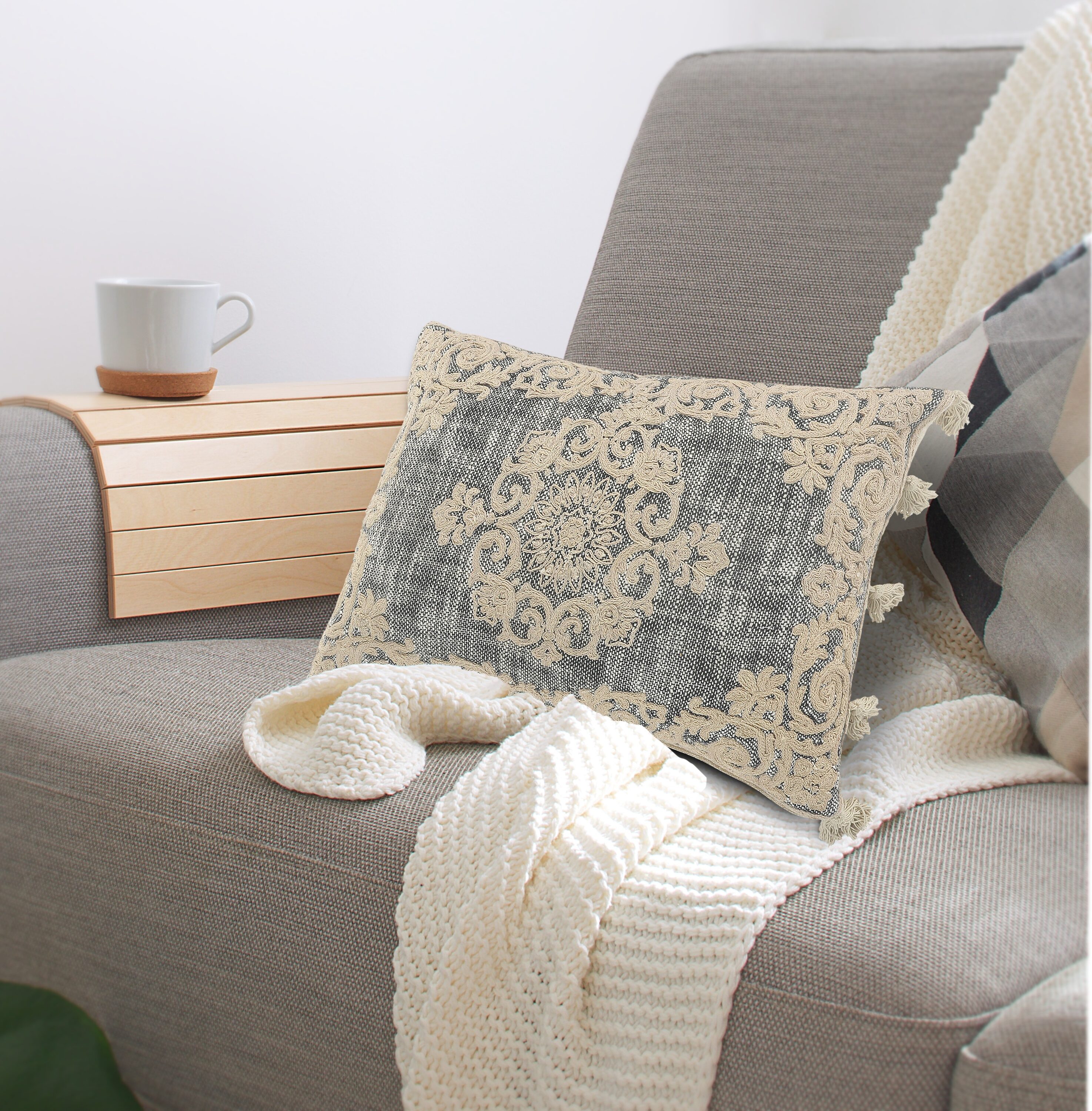 Gray and Beige Embroidered Rectangular Lumbar Pillow