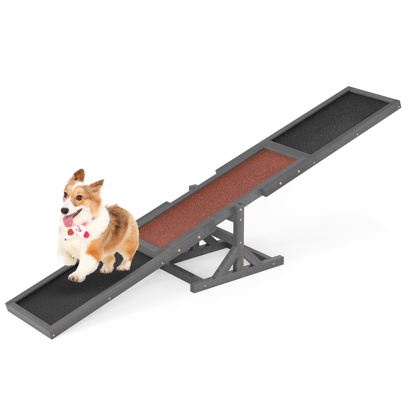 Slickblue - Wooden White/Gray Dog Agility Seesaw with Anti Slip Surface and Stable Triangular Bas...