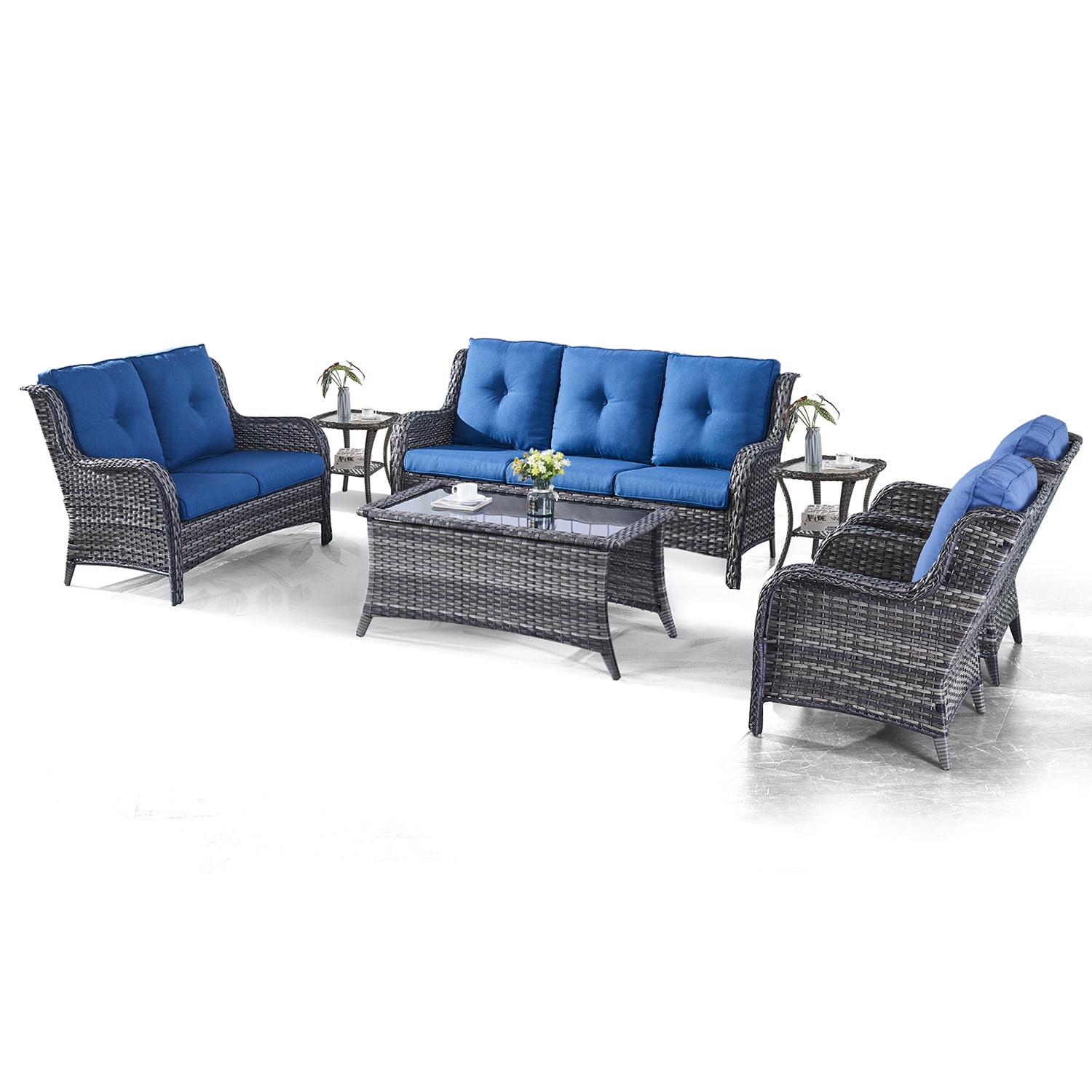 Curved Handrail 7-Piece Wicker Patio Conversation Set with Blue Cushions | - Rilyson FS1539017019026X2-1