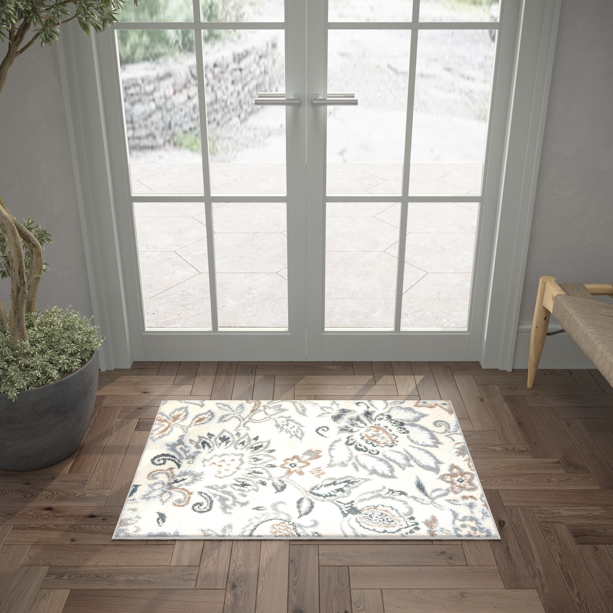 Madison Cream Floral Rectangular Synthetic Area Rug 2x3