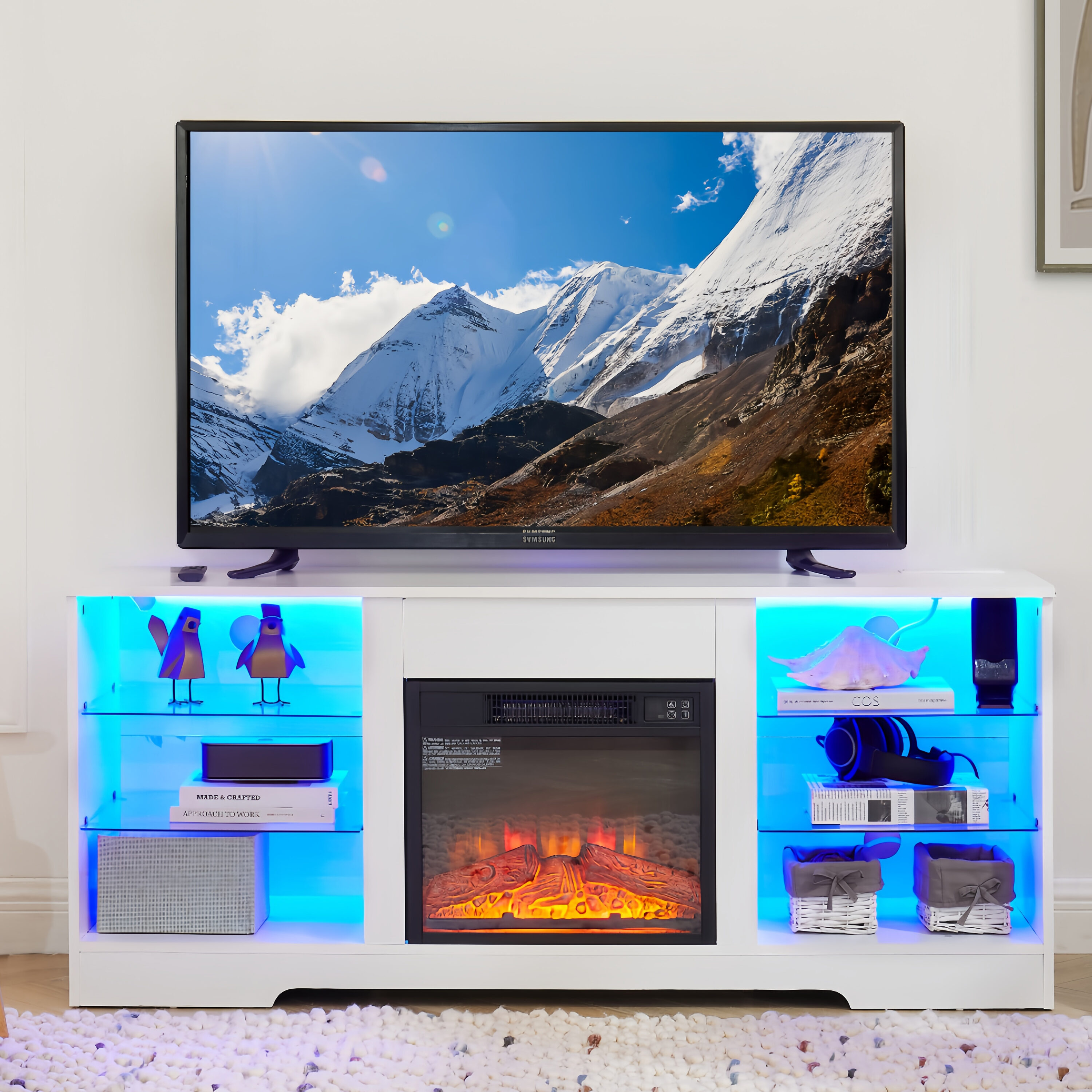 Bayfeve 58-in W White TV Stand with Fan-forced Flat wall with Remote Control Included