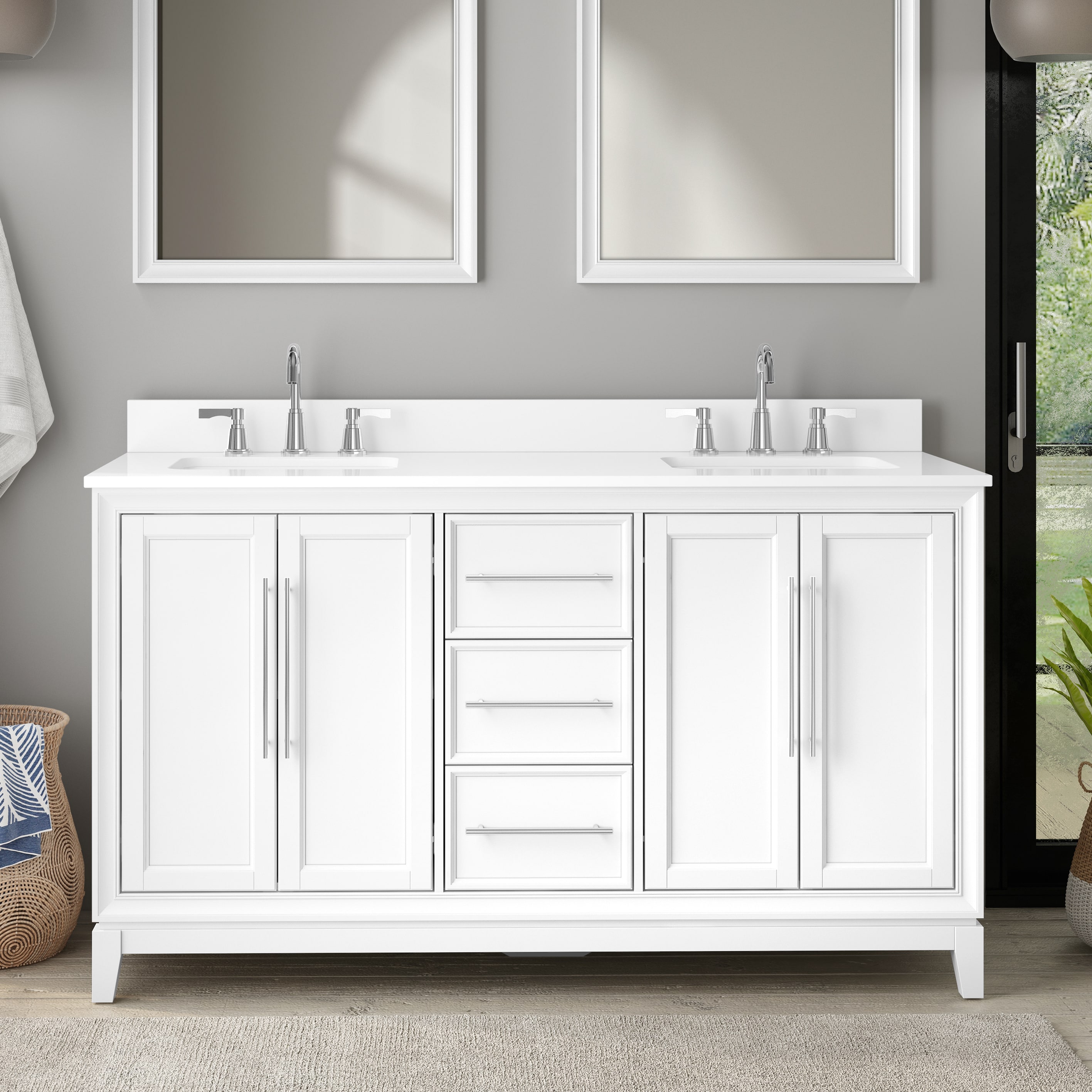 allen + roth TJ02-07V6022WH Yates 60-in White Undermount Double Sink Bathroom Vanity with White Marble Top