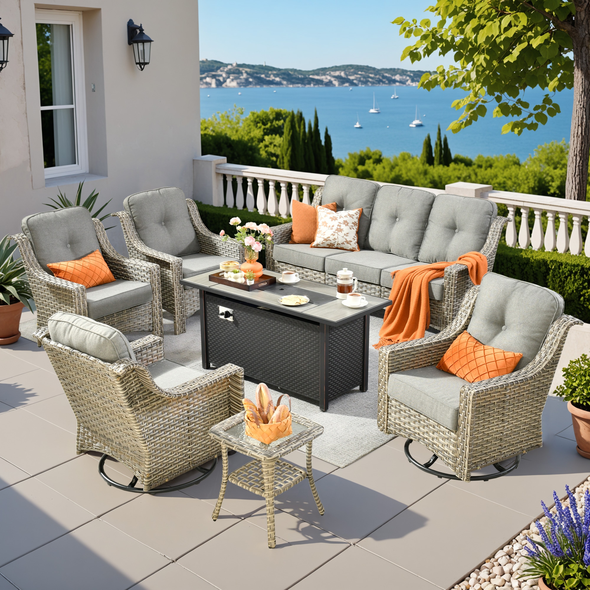 Pouuin SDFPYZPAD206 7 -Piece Wicker Patio Sofa Conversation Set with Dark Gray Cushions