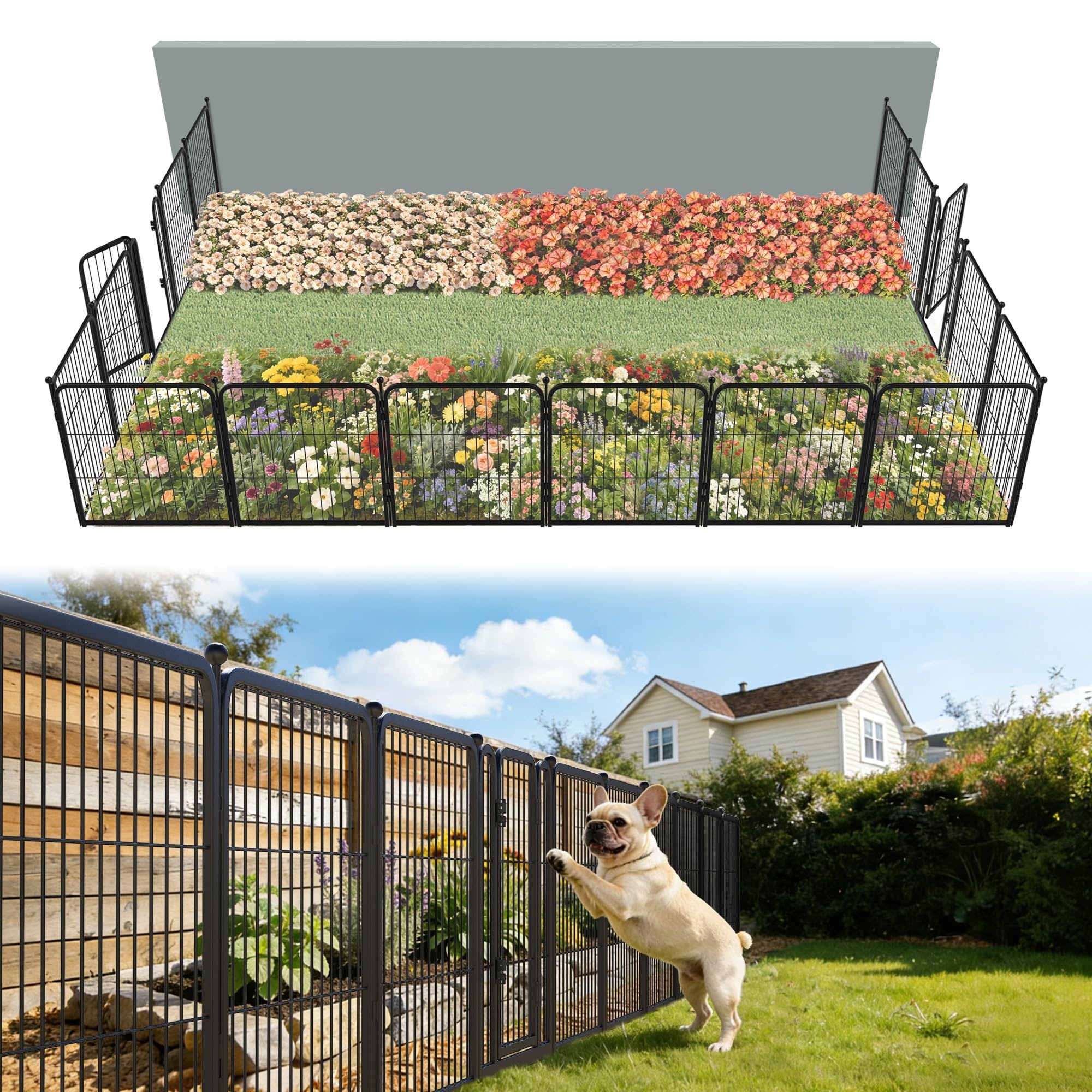Adrinfly  24 inch H x 30.4 ft L Metal Garden Fence Set 16 Panels 2 Doors 17 Stakes Heavy Duty Animal Barrier for Dog Yard Decorative No Dig