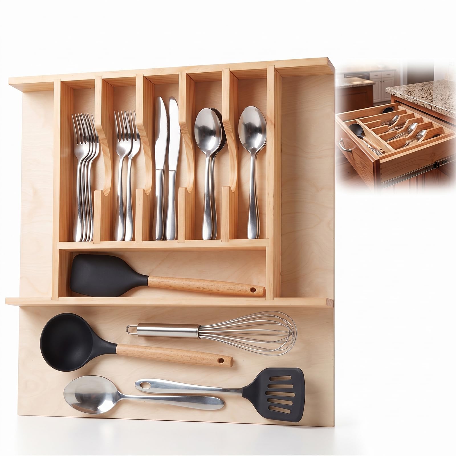 Anqtovp  Wooden Silverware Drawer Organizer with Adjustable Dividers 20.63 by 22 by 2.38 for Kitchen Utensils Flatware Storage