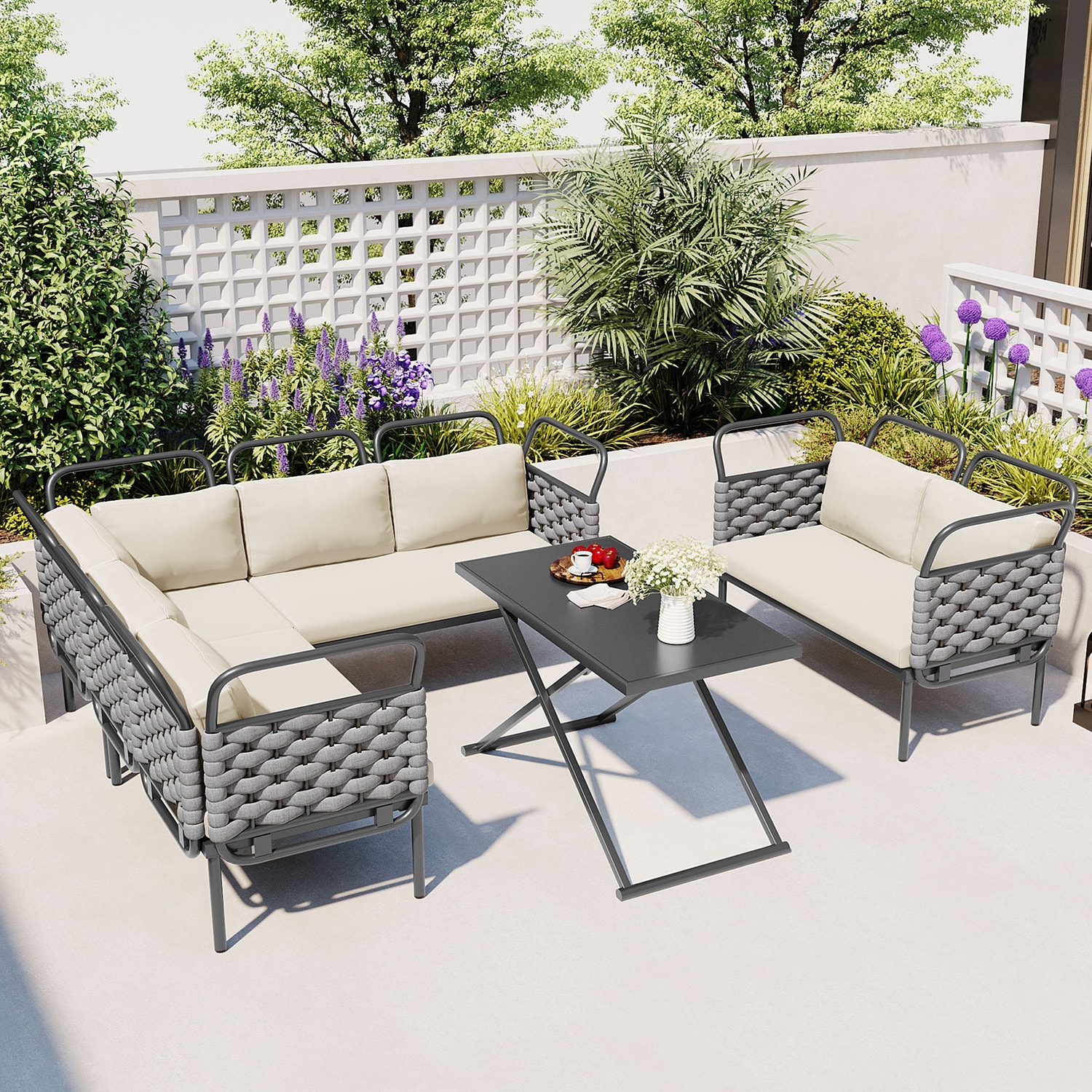 Bybafun Woven Outdoor Sectional With Beige Cushion(S) And Steel Frame ...